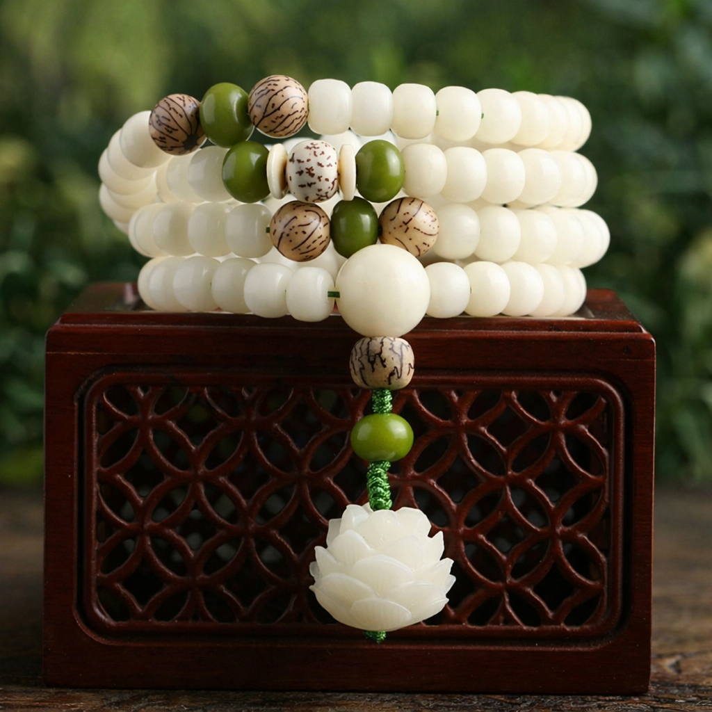 White Jade Bodhi Lotus Mala