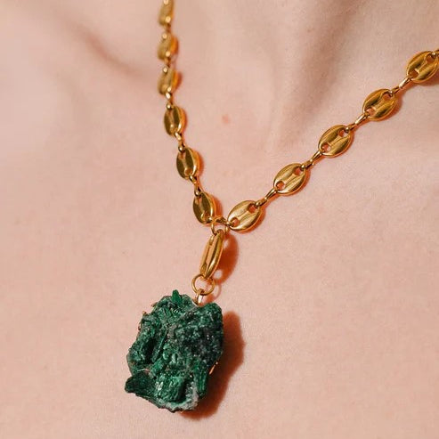 Raw Malachite Necklace - Gold Plated