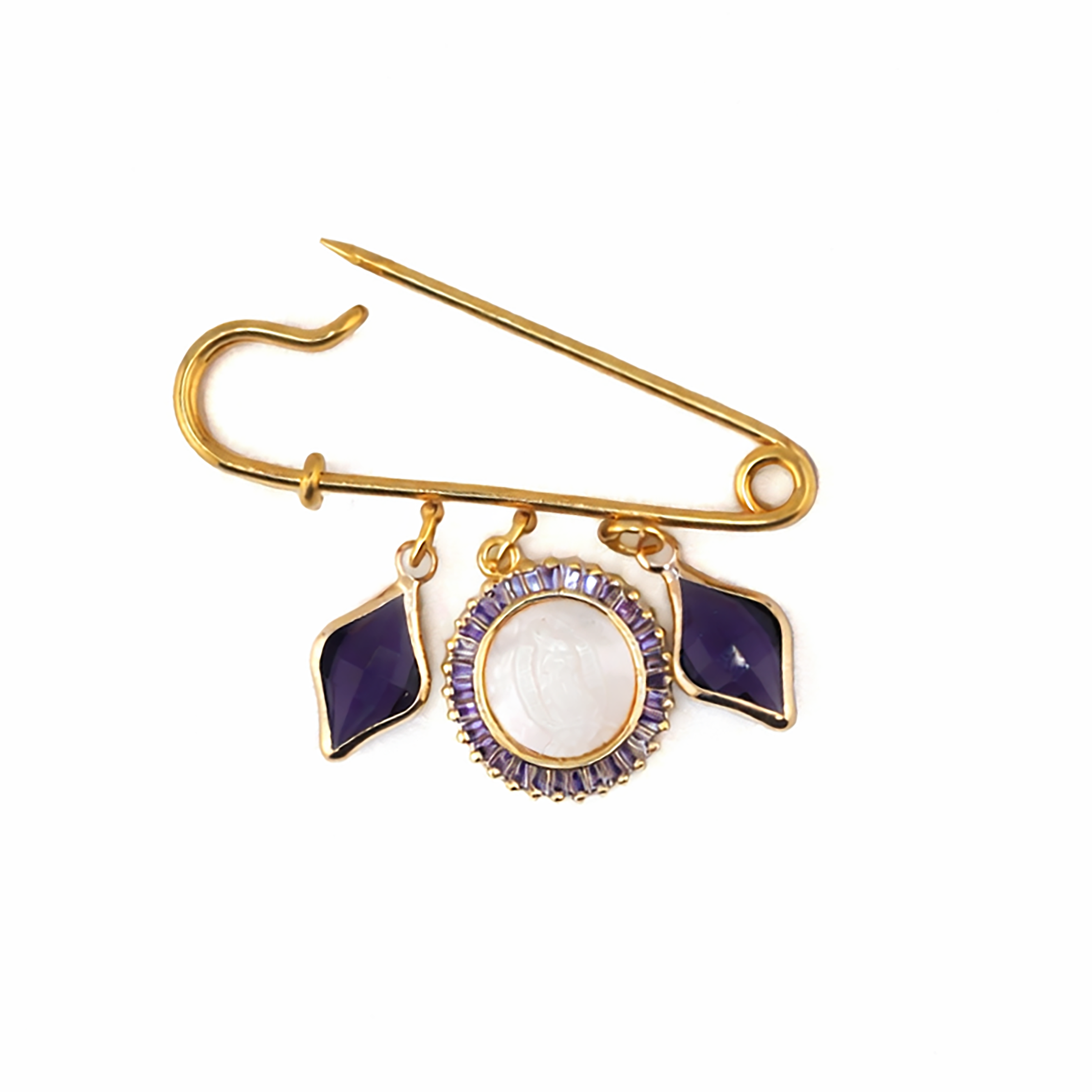 Amethyst Virgin Mary Brooch - Gold Plated