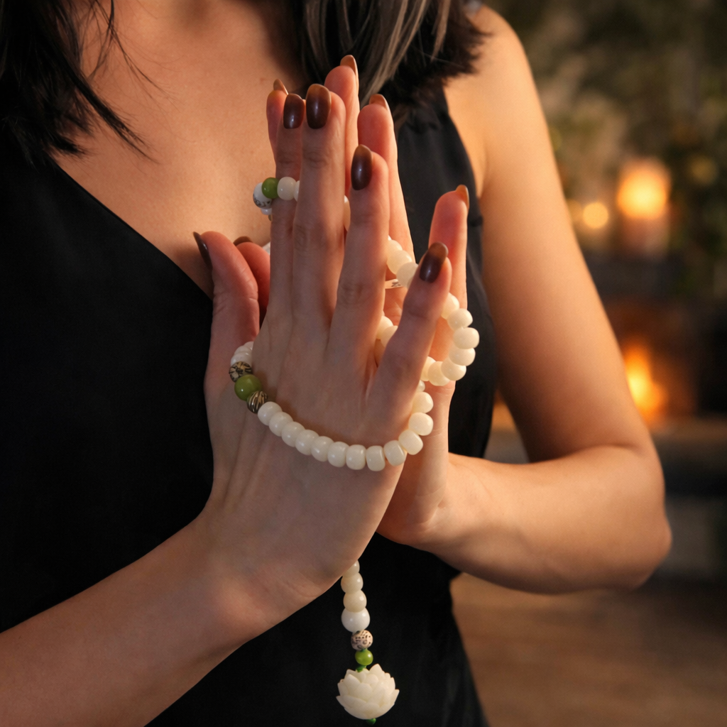 White Jade Bodhi Lotus Mala