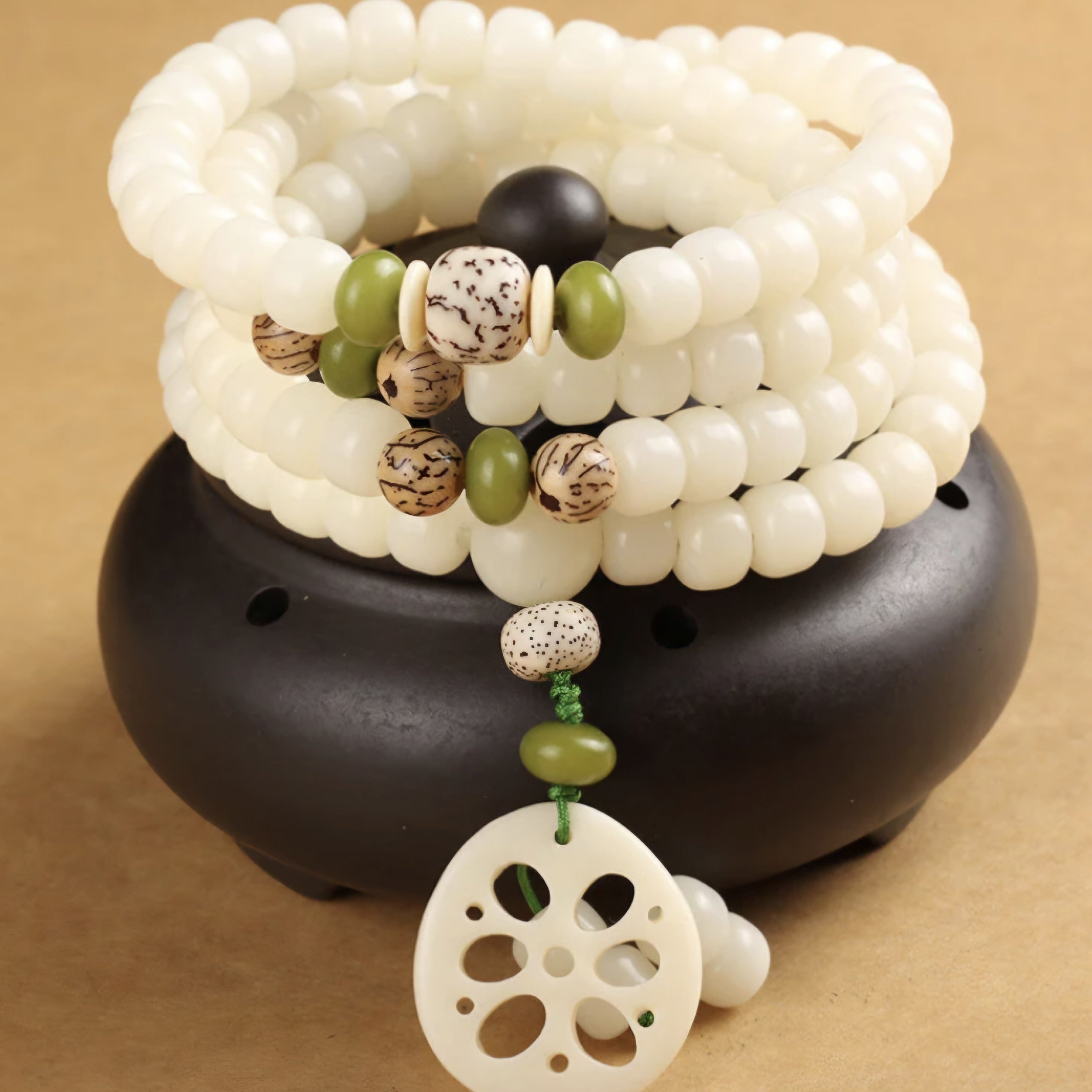 White Jade Bodhi Lotus Mala Harmony Necklace