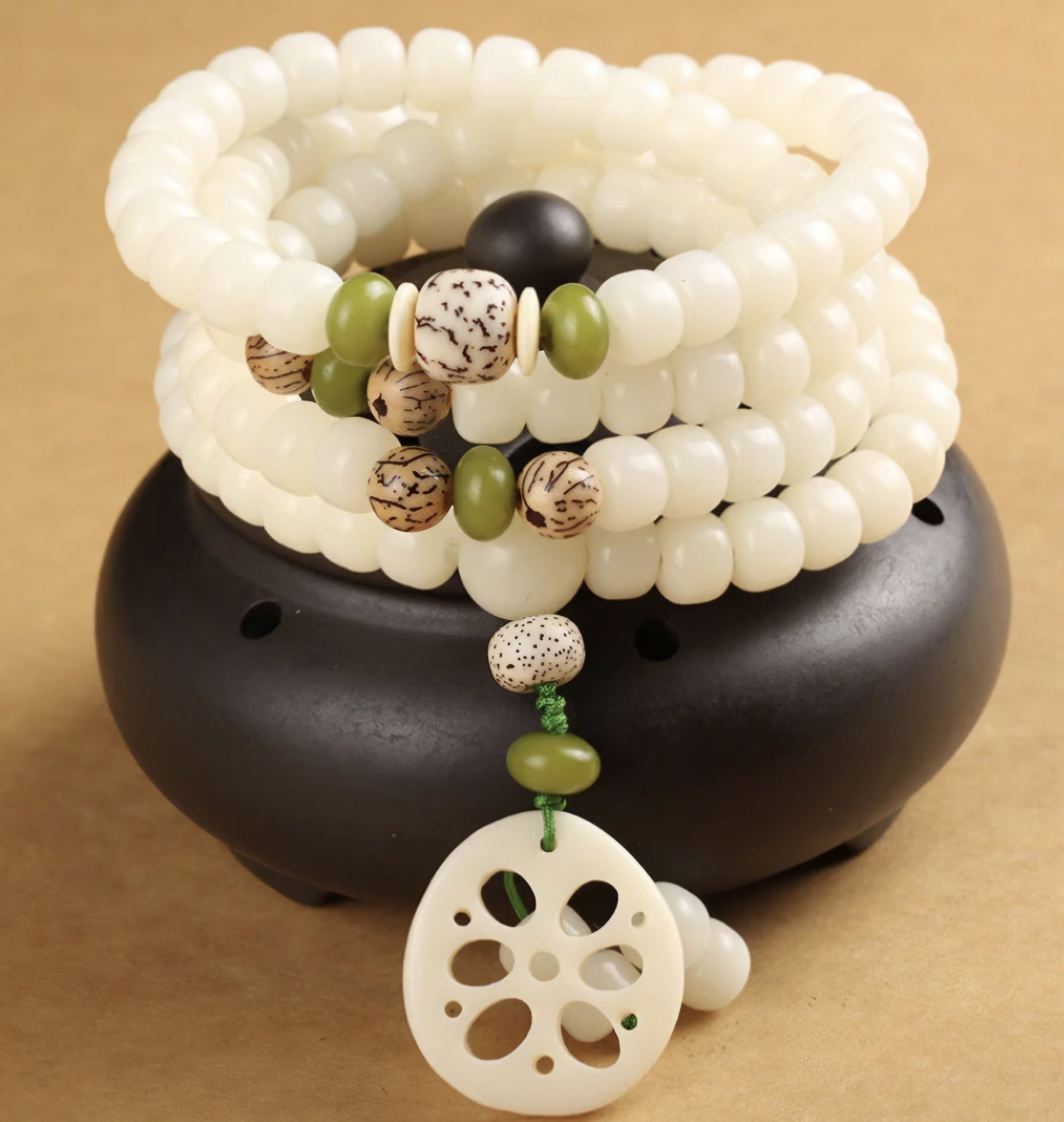 White Jade Bodhi Lotus Mala Harmony Necklace