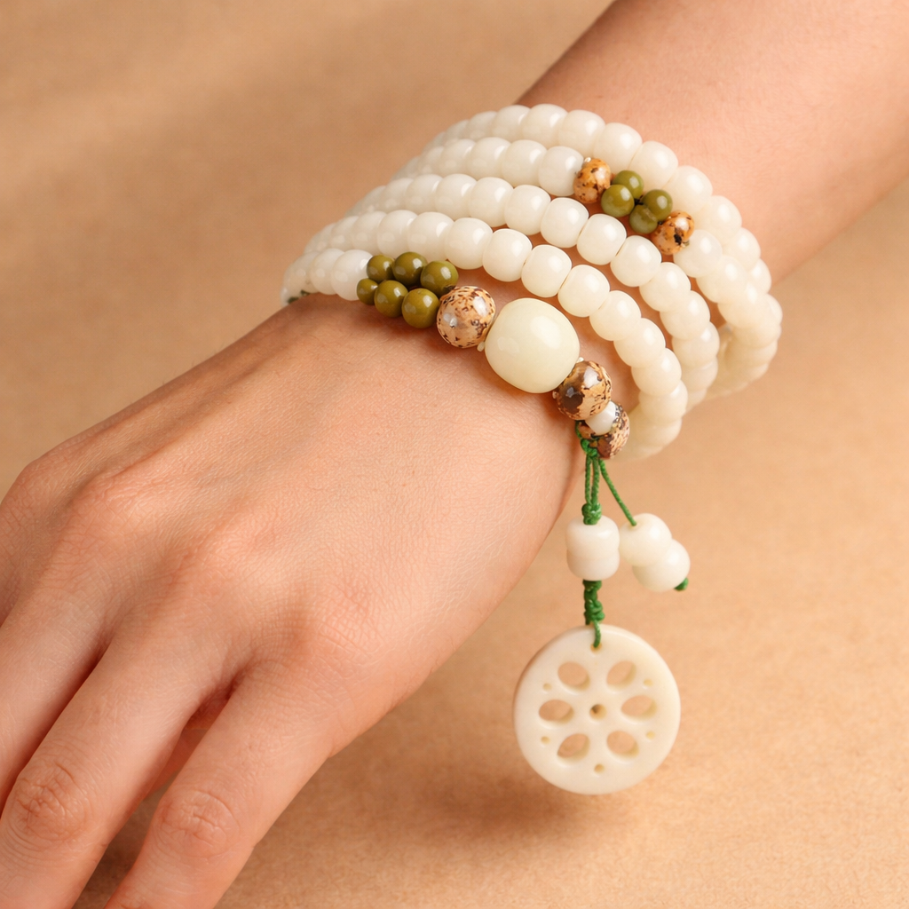 White Jade Bodhi Lotus Mala Harmony Necklace