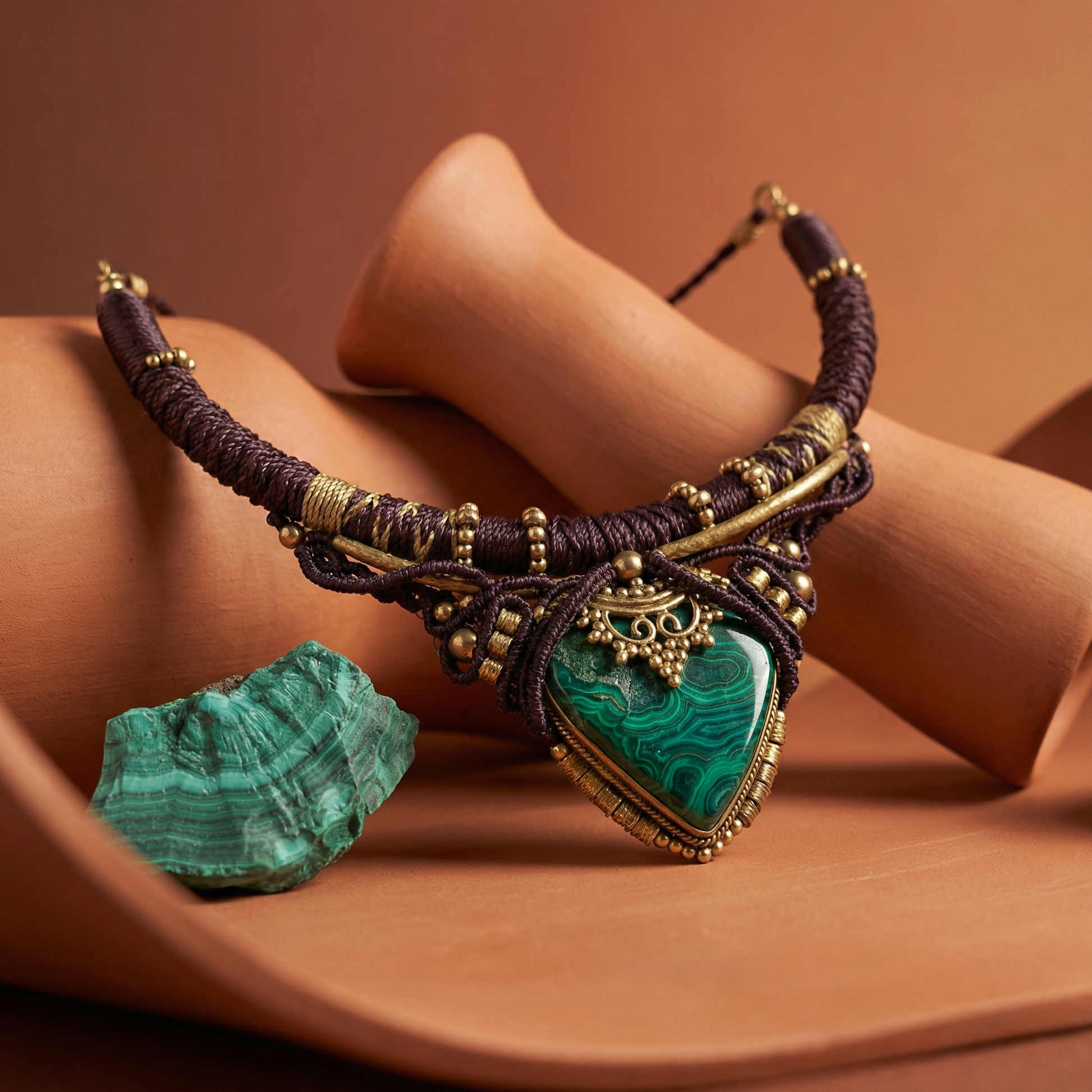 Golden forest malachite Macrame necklace