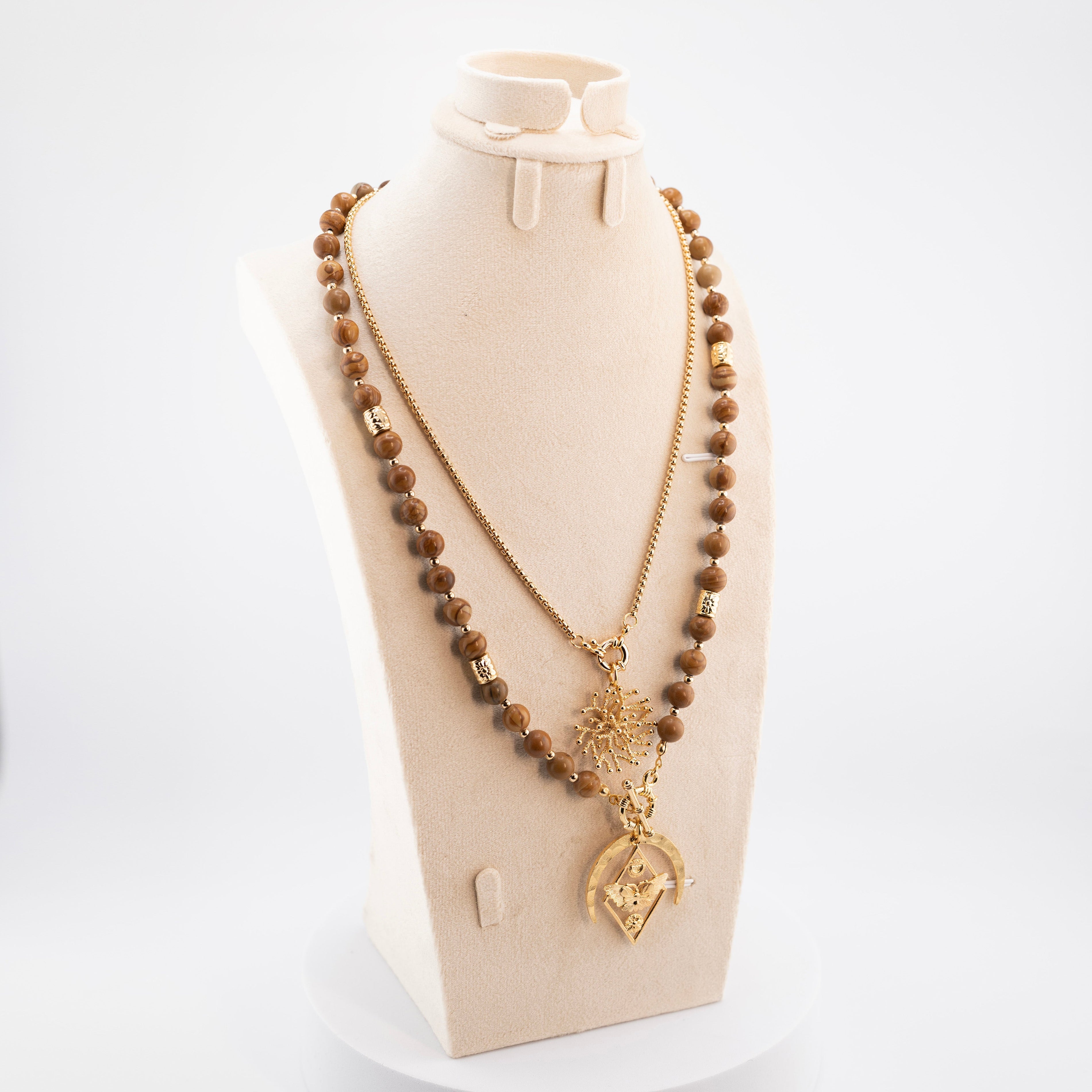 Handmade Natural Wood Bead Necklace for Men – Gold Plated African Pendant – Tribal Boho Jewelry – Ethnic Style Spiritual Necklace