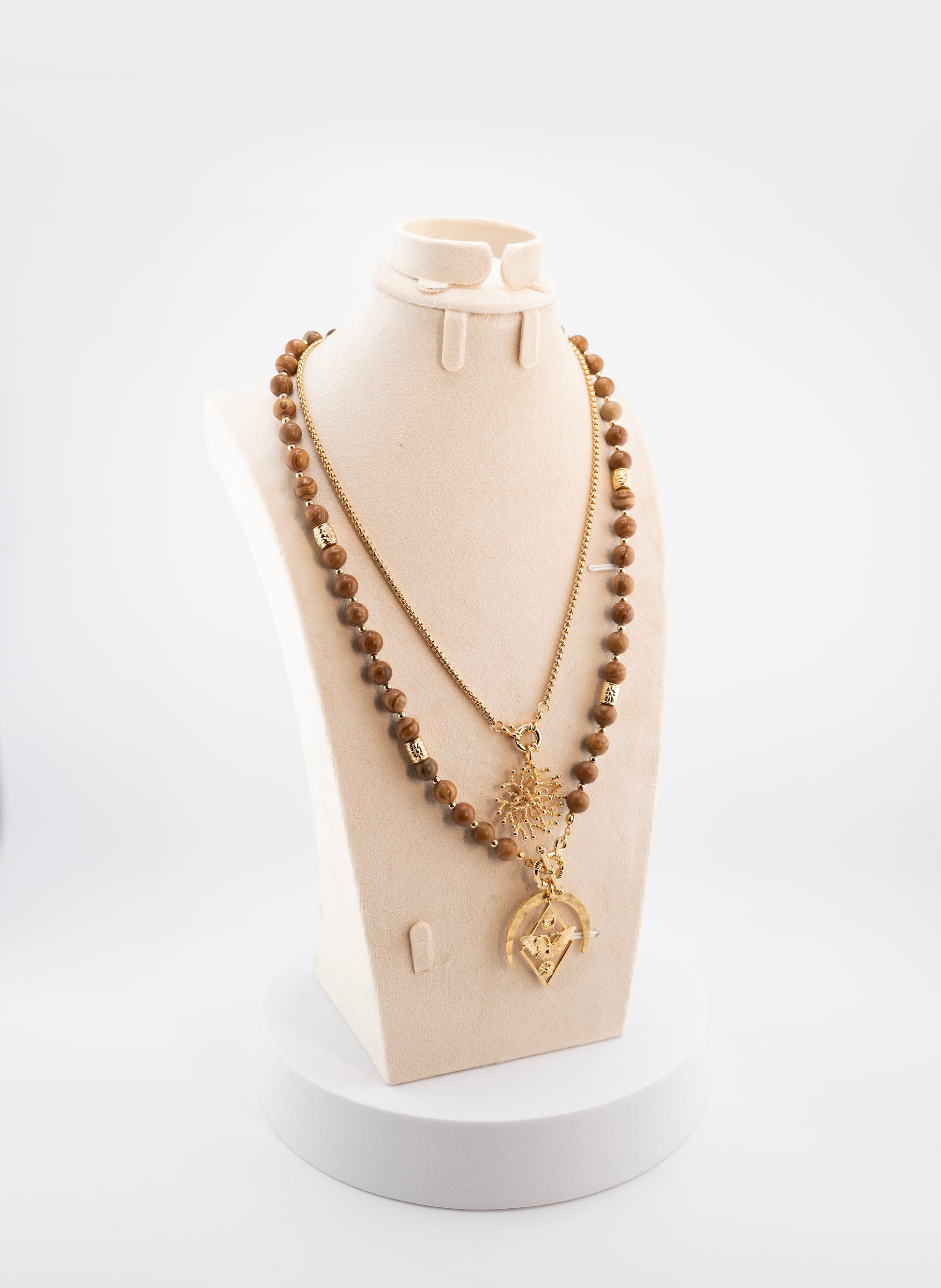 Handmade Natural Wood Bead Necklace for Men – Gold Plated African Pendant – Tribal Boho Jewelry – Ethnic Style Spiritual Necklace