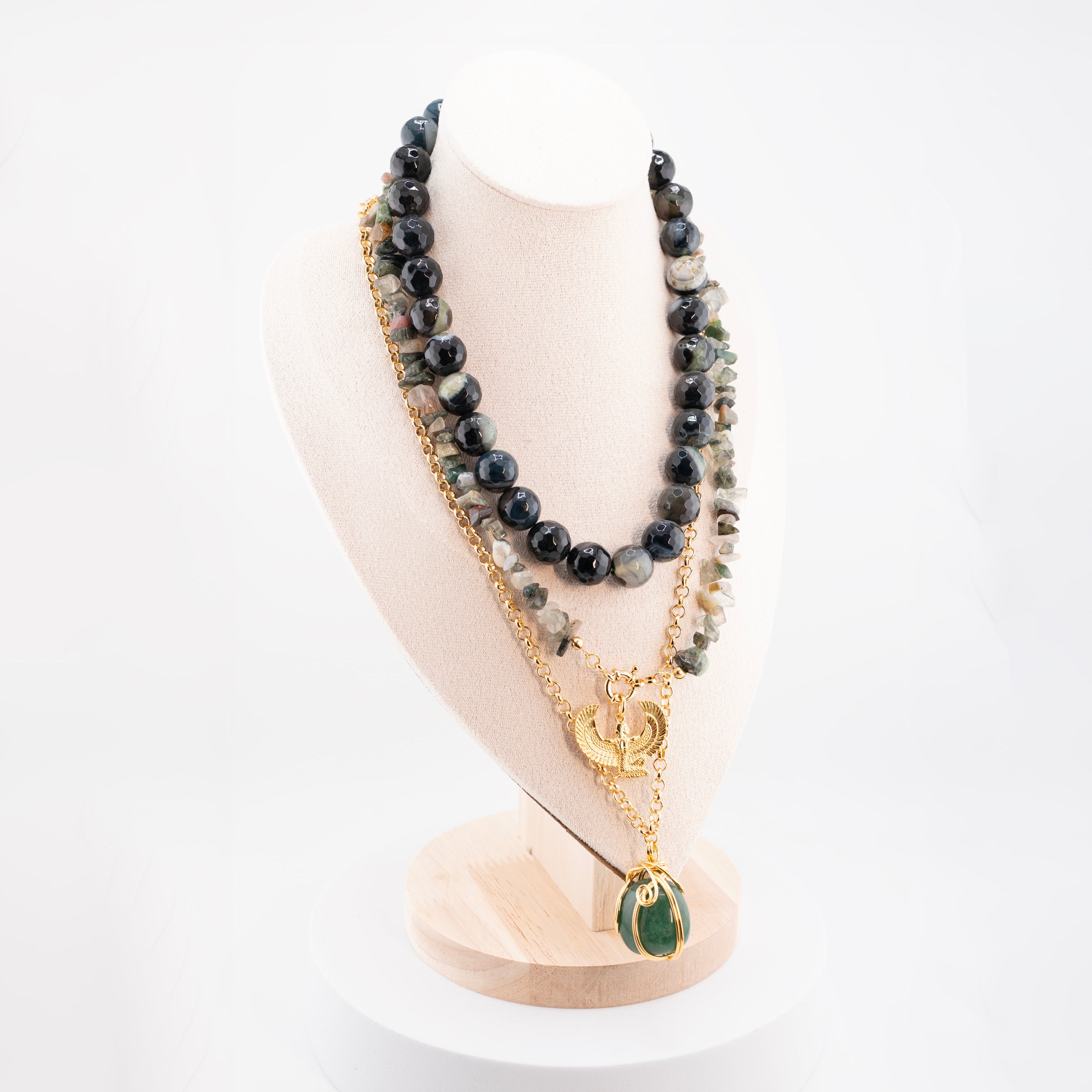 Men’s Multi-Layer Beaded Necklace with Green Gemstone Pendant – Handmade African Jewelry with Gold Chain & Phoenix Symbol – Tribal Spiritual Necklace
