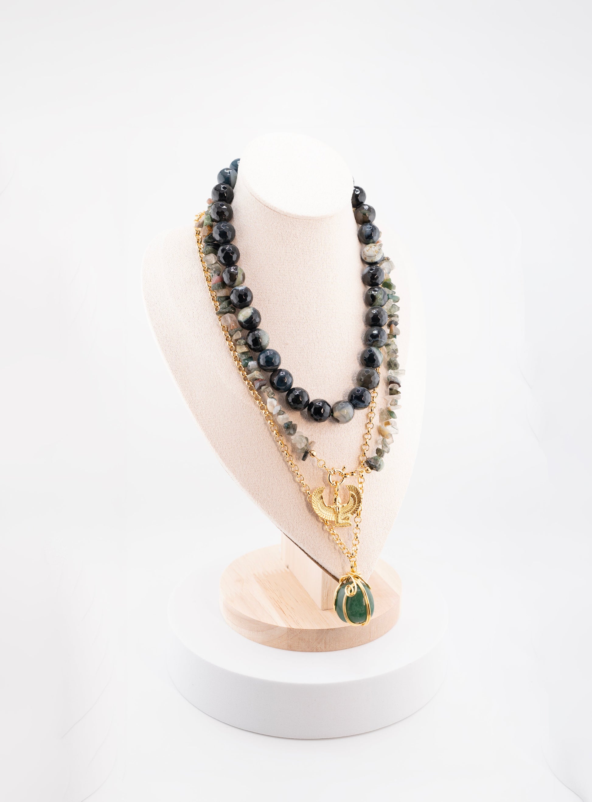 Men’s Multi-Layer Beaded Necklace with Green Gemstone Pendant – Handmade African Jewelry with Gold Chain & Phoenix Symbol – Tribal Spiritual Necklace
