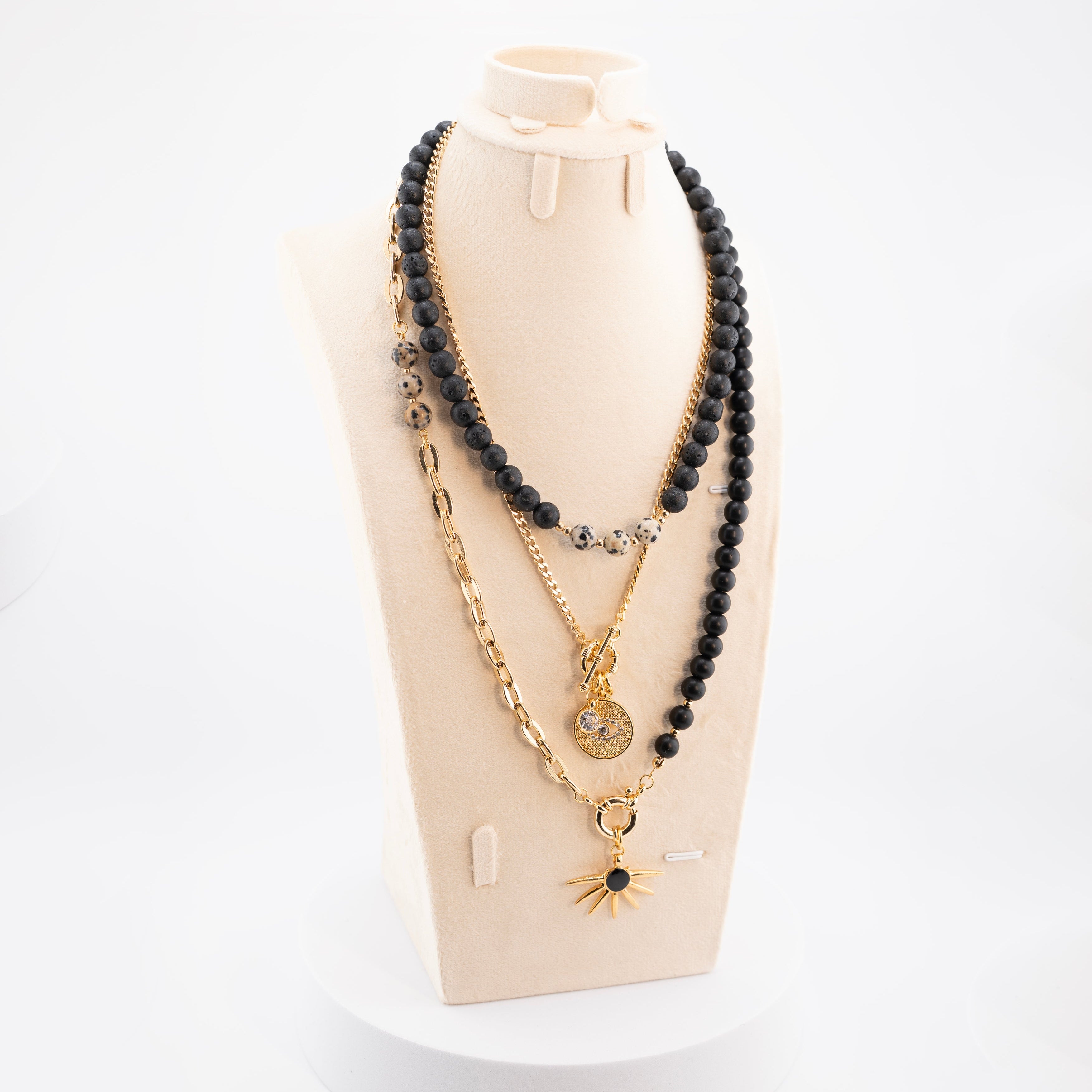 Men's Black Stone Beaded Necklace with Gold Star Pendant – Multi-Layer Chain Necklace – Handmade Statement Jewelry – Celestial & Mystical Design
