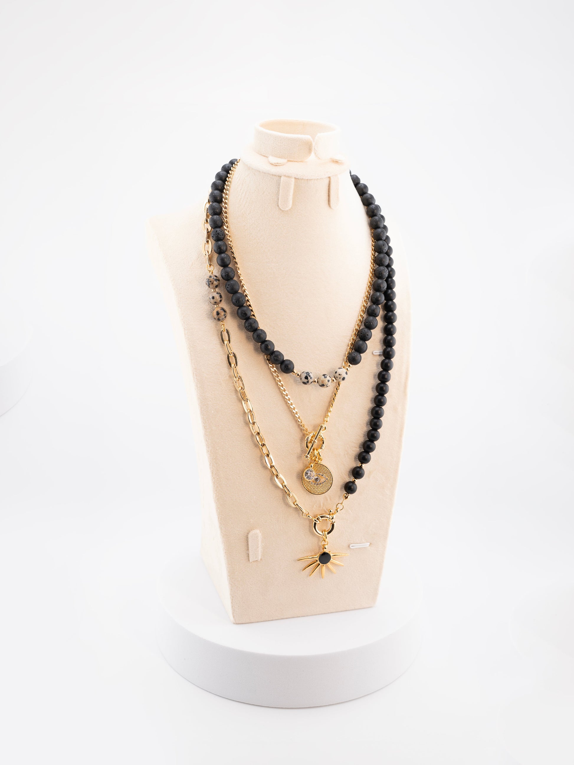 Men's Black Stone Beaded Necklace with Gold Star Pendant – Multi-Layer Chain Necklace – Handmade Statement Jewelry – Celestial & Mystical Design