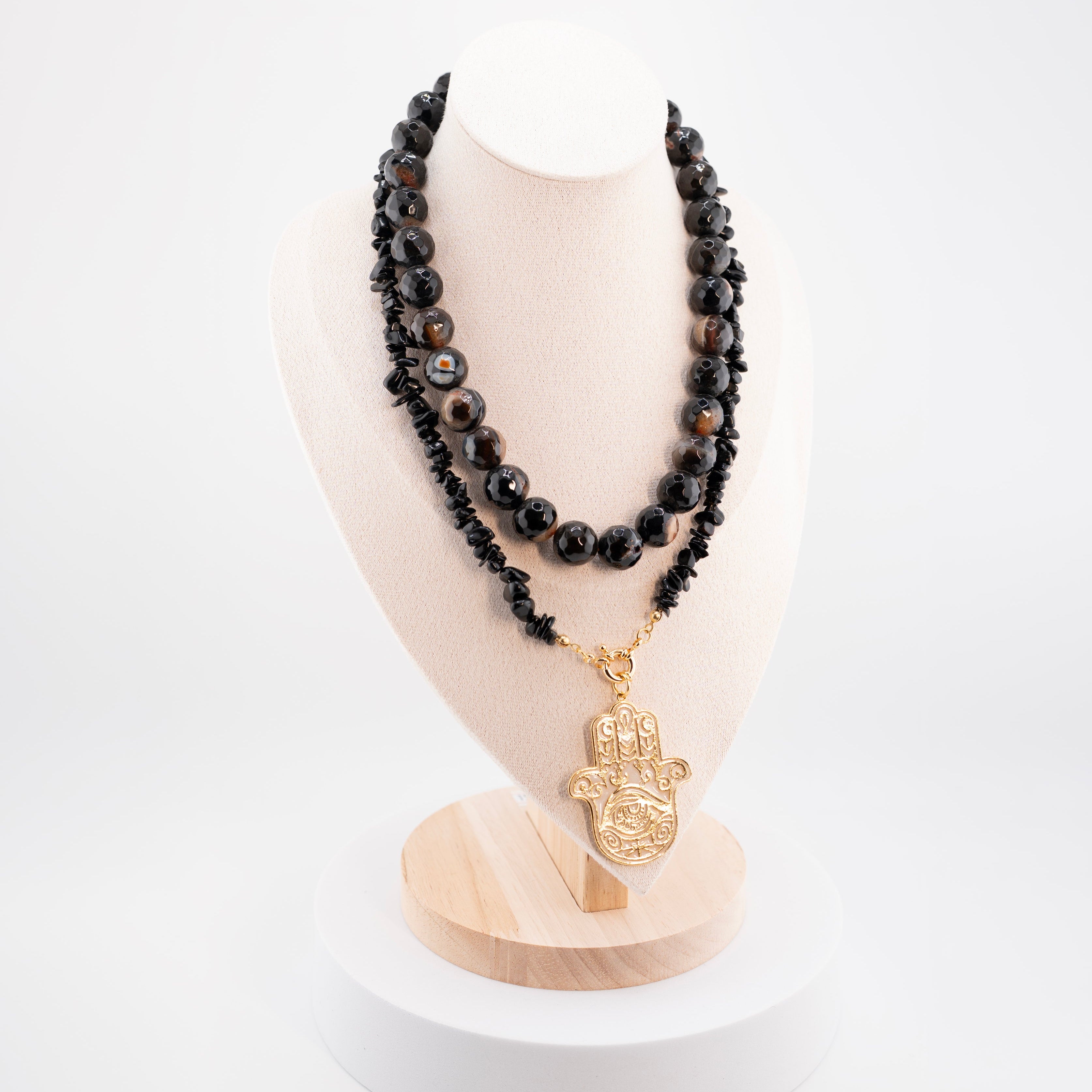 Handmade Black Onyx & Tiger Eye Beaded Necklace – Double Layer with Gold Hamsa Hand Pendant – Natural Gemstone Healing Jewelry for Protection & Energy – Unisex Spiritual Necklace