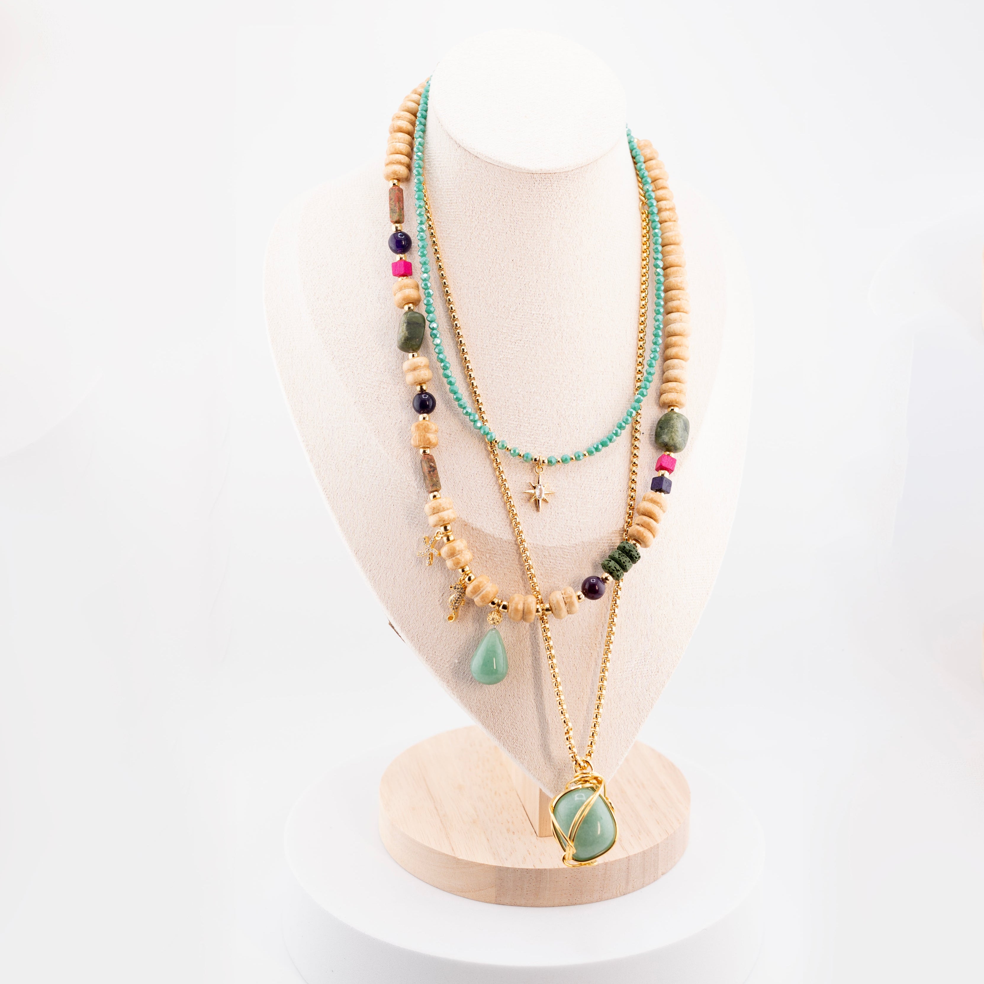 Beaded Necklace with Green Gemstone Pendant – Handmade African-Inspired Jewelry with Stainless Steel Charm – Unisex Spiritual Gift