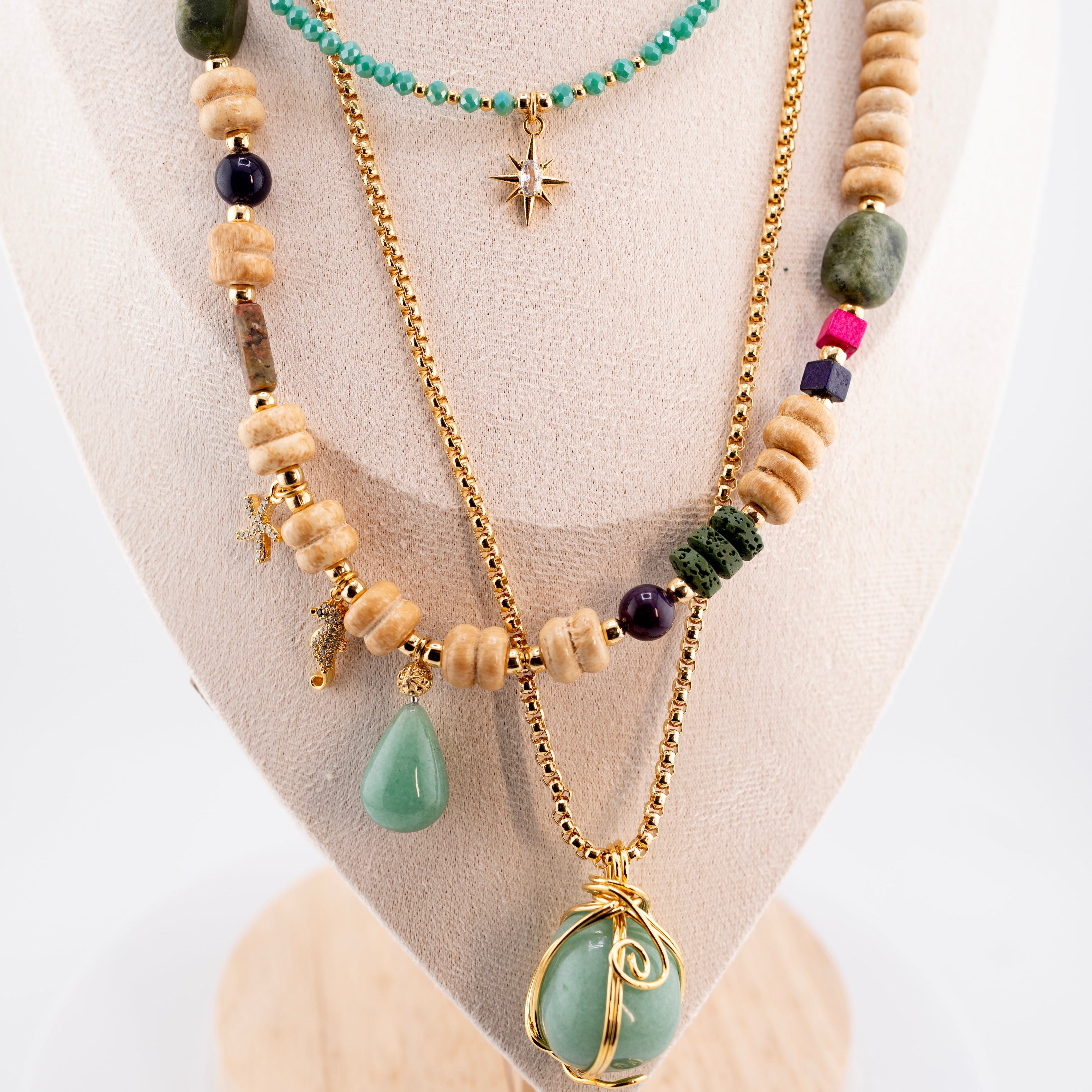 Beaded Necklace with Green Gemstone Pendant – Handmade African-Inspired Jewelry with Stainless Steel Charm – Unisex Spiritual Gift