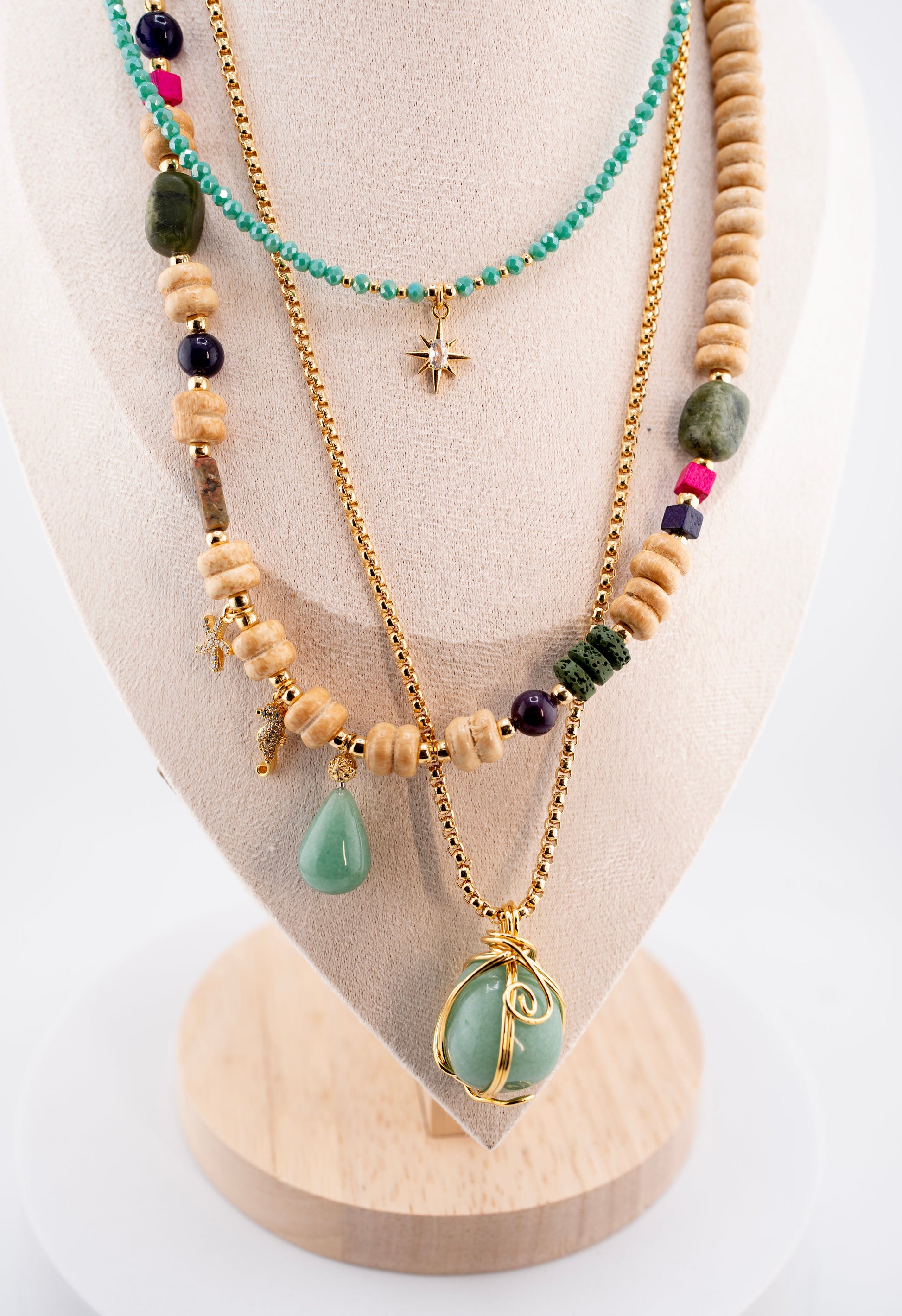 Beaded Necklace with Green Gemstone Pendant – Handmade African-Inspired Jewelry with Stainless Steel Charm – Unisex Spiritual Gift