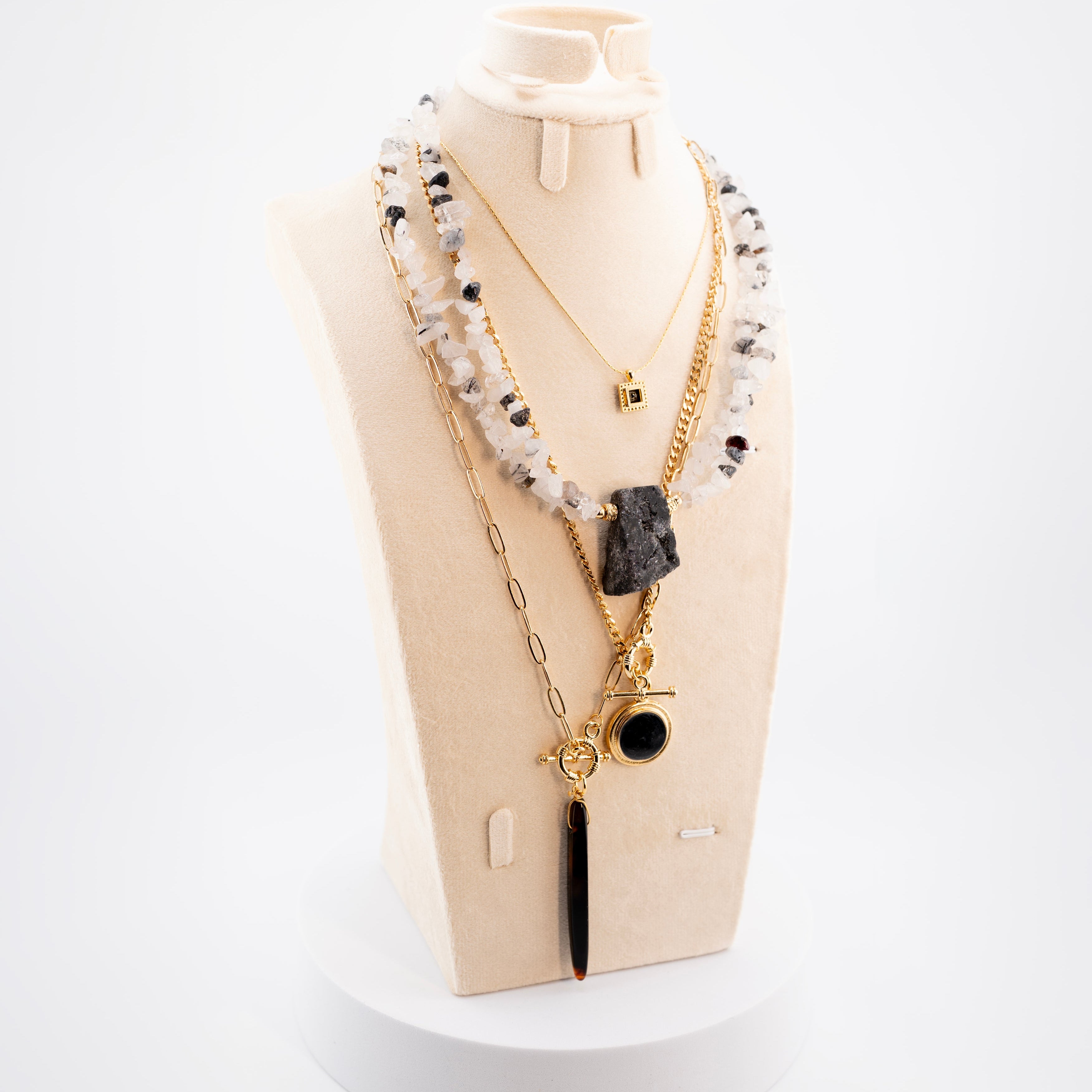 Layered Boho Gemstone Statement Necklace for Women – Natural Crystal Chunk, Gold Chain, Black Pendant, Unique Handmade Jewelry – Trendy Bohemian Multi-Strand Necklace for Gifts & Fashion