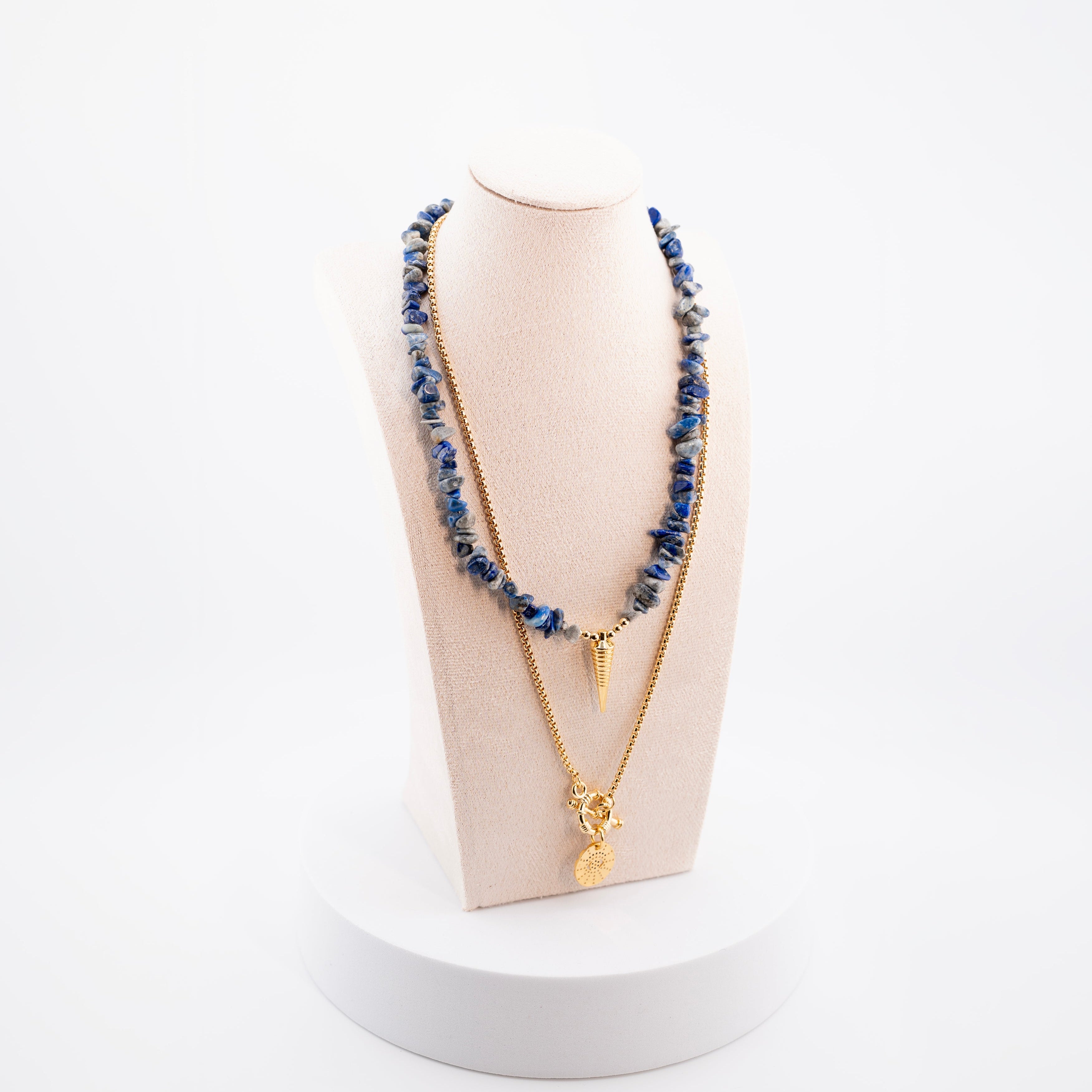 Layered Blue Gemstone Boho Necklace for Women – Handmade Natural Crystal Chip Necklace with Gold Spike & Coin Charms – Multi-Strand Fashion Jewelry, Unique Statement Gift for Her
