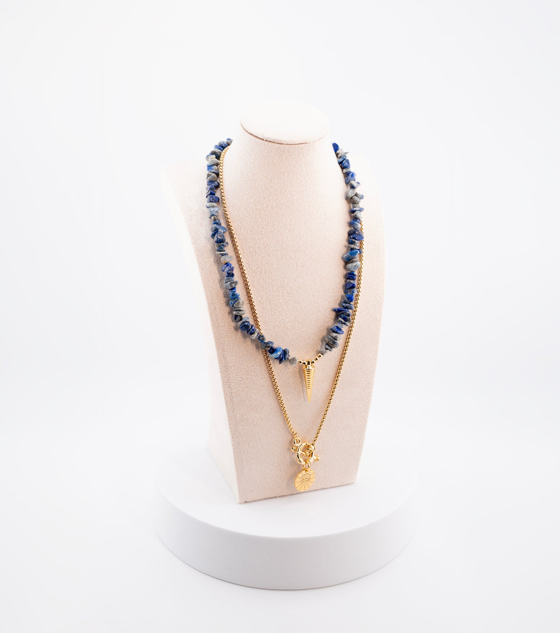 Layered Blue Gemstone Boho Necklace for Women – Handmade Natural Crystal Chip Necklace with Gold Spike & Coin Charms – Multi-Strand Fashion Jewelry, Unique Statement Gift for Her