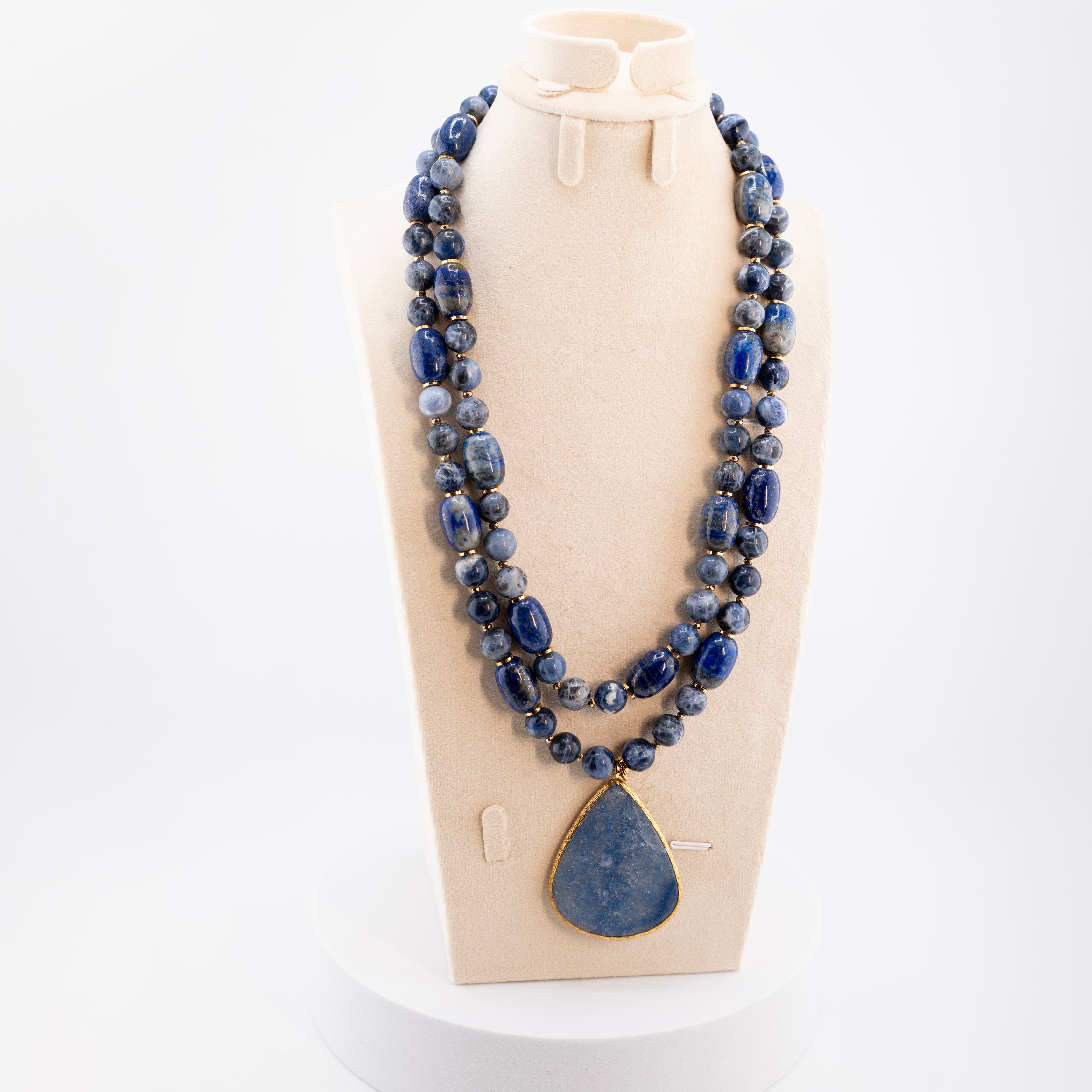 Lapis Lazuli Double Strand Necklace with Teardrop Pendant – Natural Blue Gemstone Statement Jewelry for Women – Handmade Boho Healing Crystal Necklace