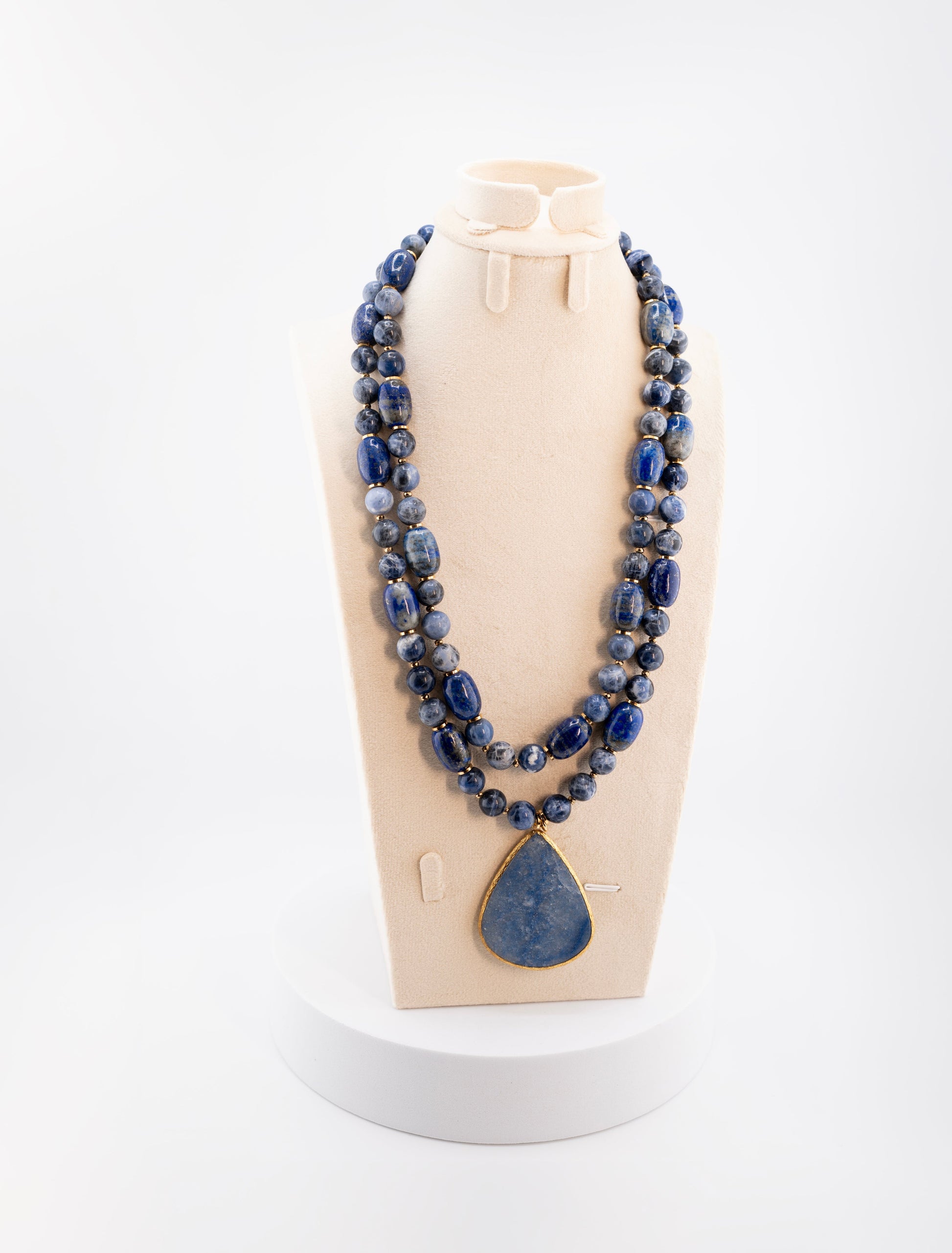 Lapis Lazuli Double Strand Necklace with Teardrop Pendant – Natural Blue Gemstone Statement Jewelry for Women – Handmade Boho Healing Crystal Necklace