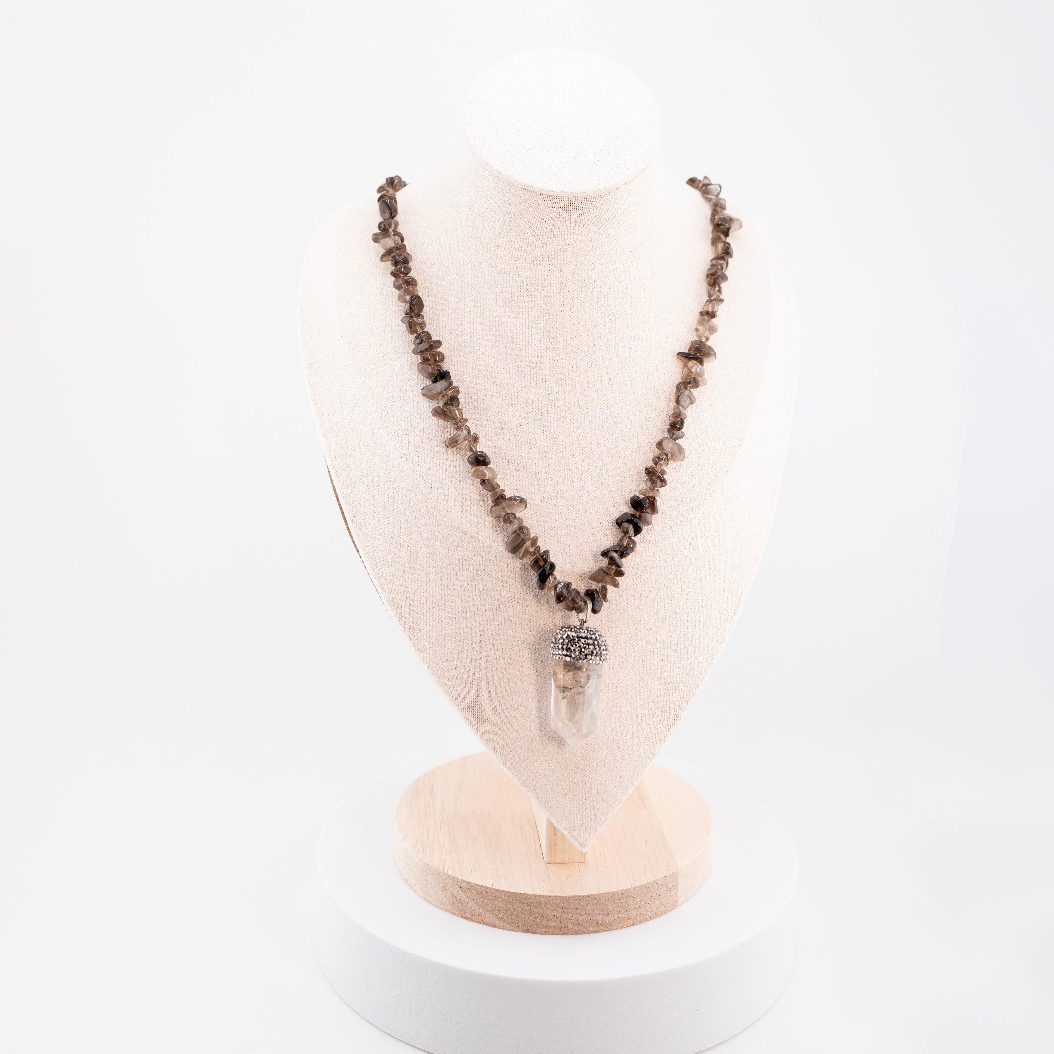 Smoky Quartz Chip Necklace with Raw Clear Quartz Crystal Pendant – Handmade Boho Healing Jewelry for Women – Energy Stone Necklace with Rhinestone Cap