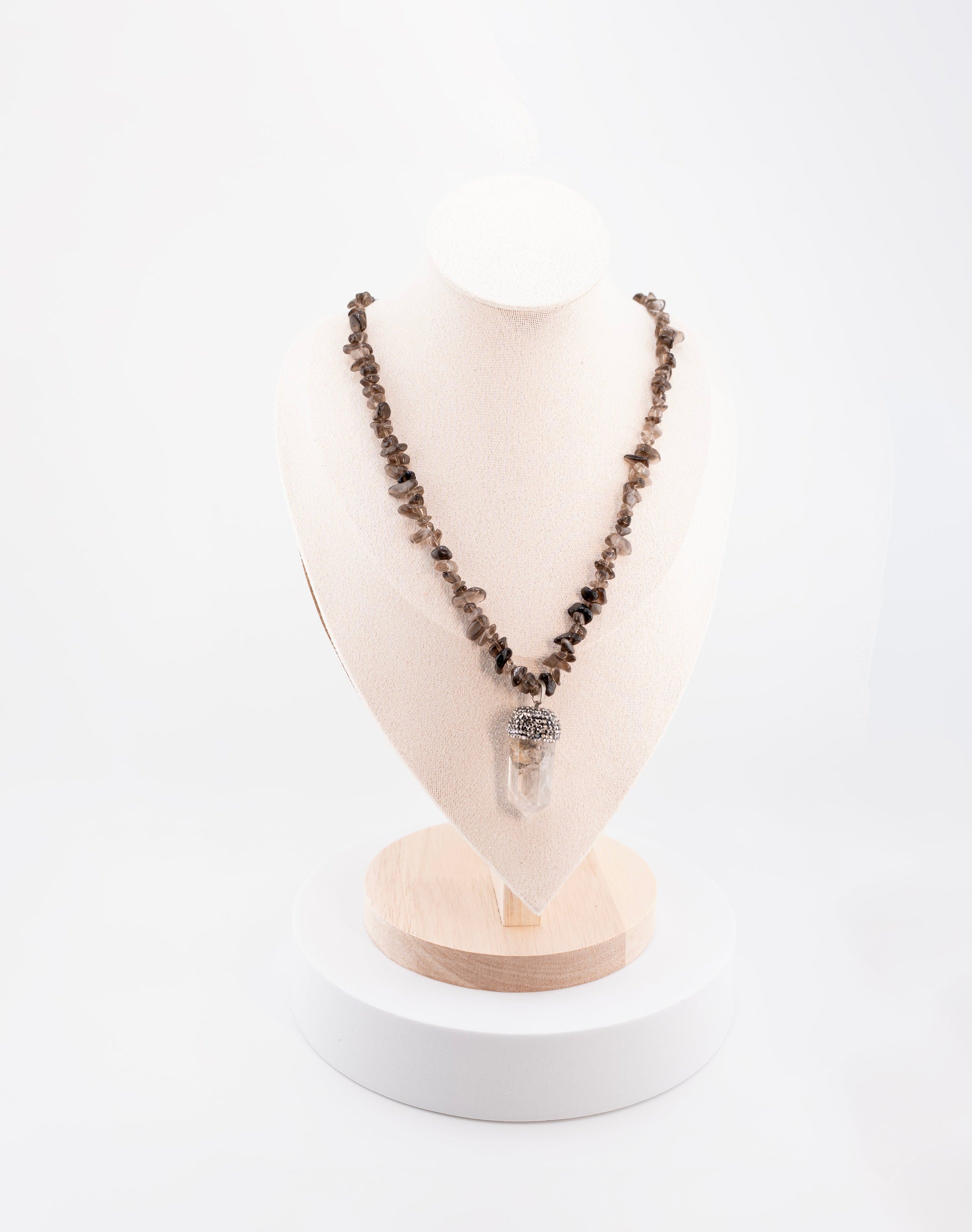 Smoky Quartz Chip Necklace with Raw Clear Quartz Crystal Pendant – Handmade Boho Healing Jewelry for Women – Energy Stone Necklace with Rhinestone Cap