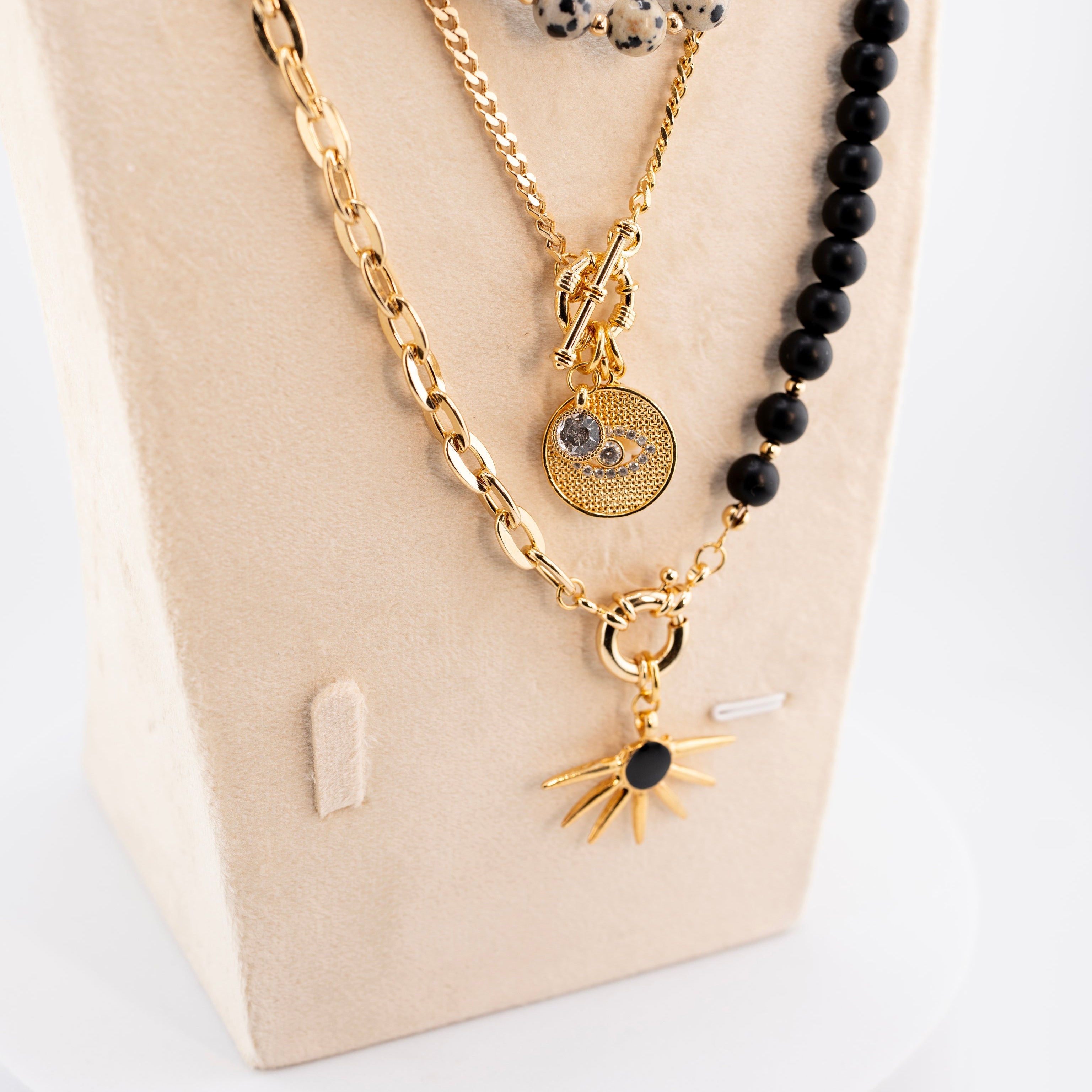 Men's Black Stone Beaded Necklace with Gold Star Pendant – Multi-Layer Chain Necklace – Handmade Statement Jewelry – Celestial & Mystical Design