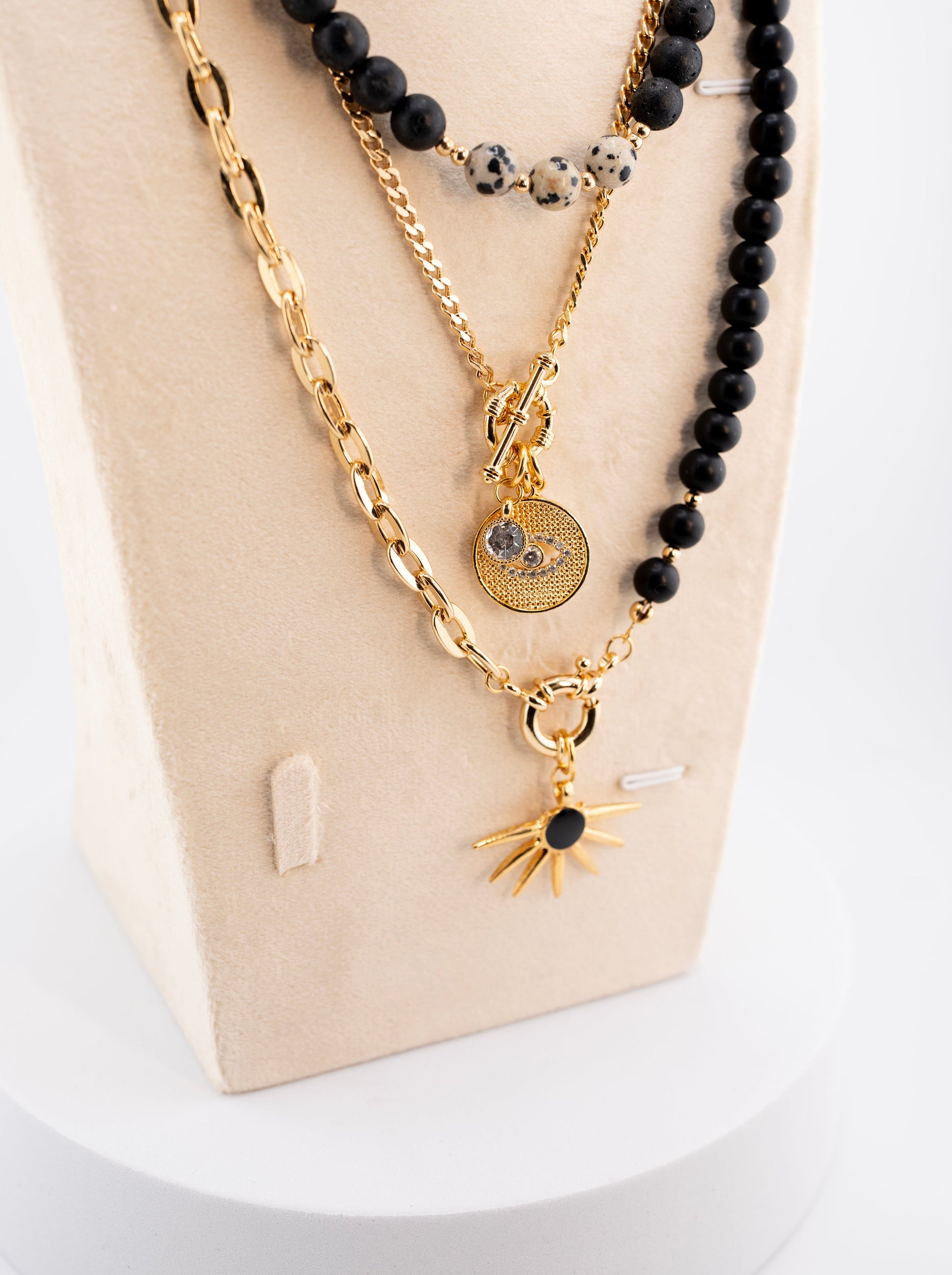 Men's Black Stone Beaded Necklace with Gold Star Pendant – Multi-Layer Chain Necklace – Handmade Statement Jewelry – Celestial & Mystical Design