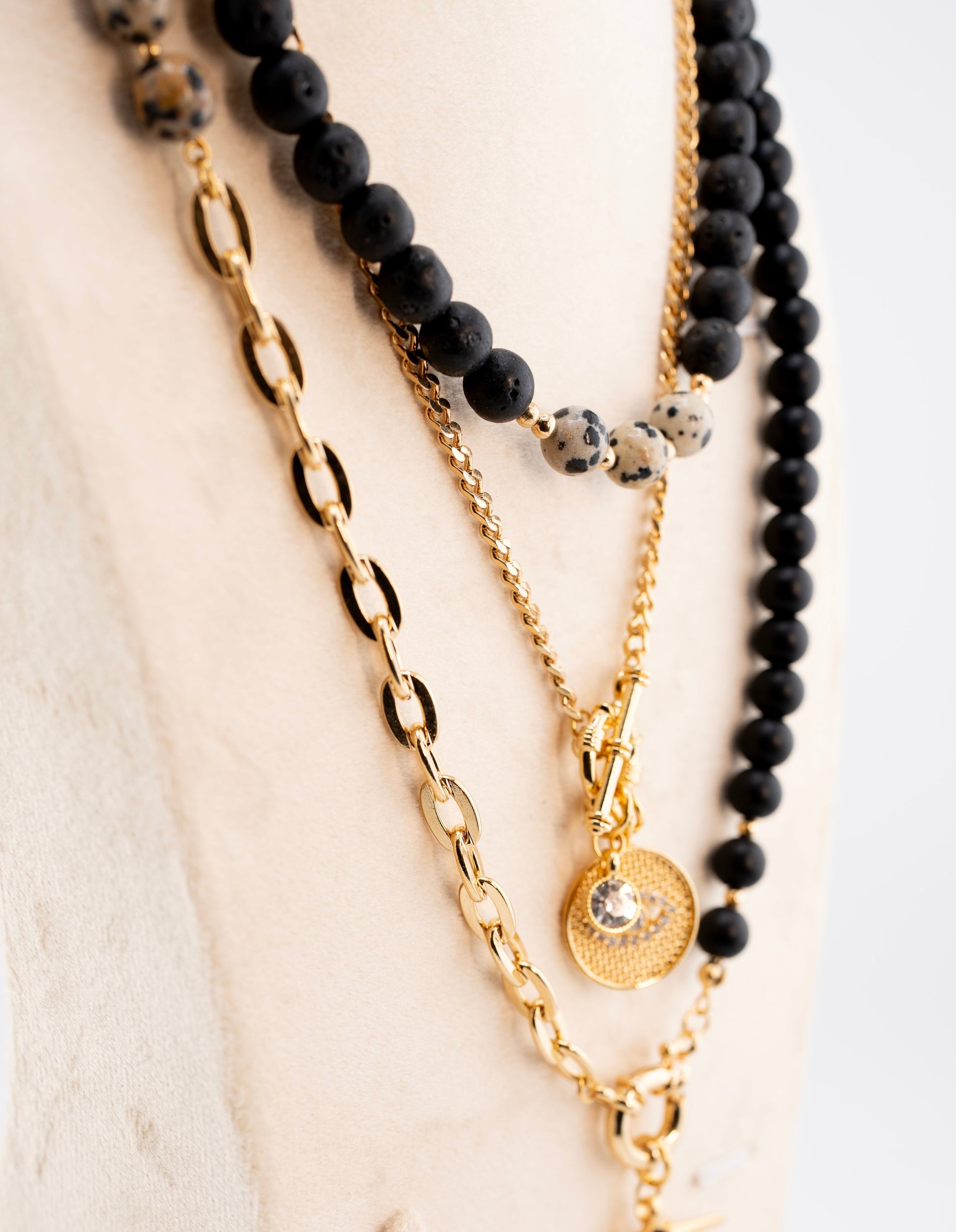 Men's Black Stone Beaded Necklace with Gold Star Pendant – Multi-Layer Chain Necklace – Handmade Statement Jewelry – Celestial & Mystical Design