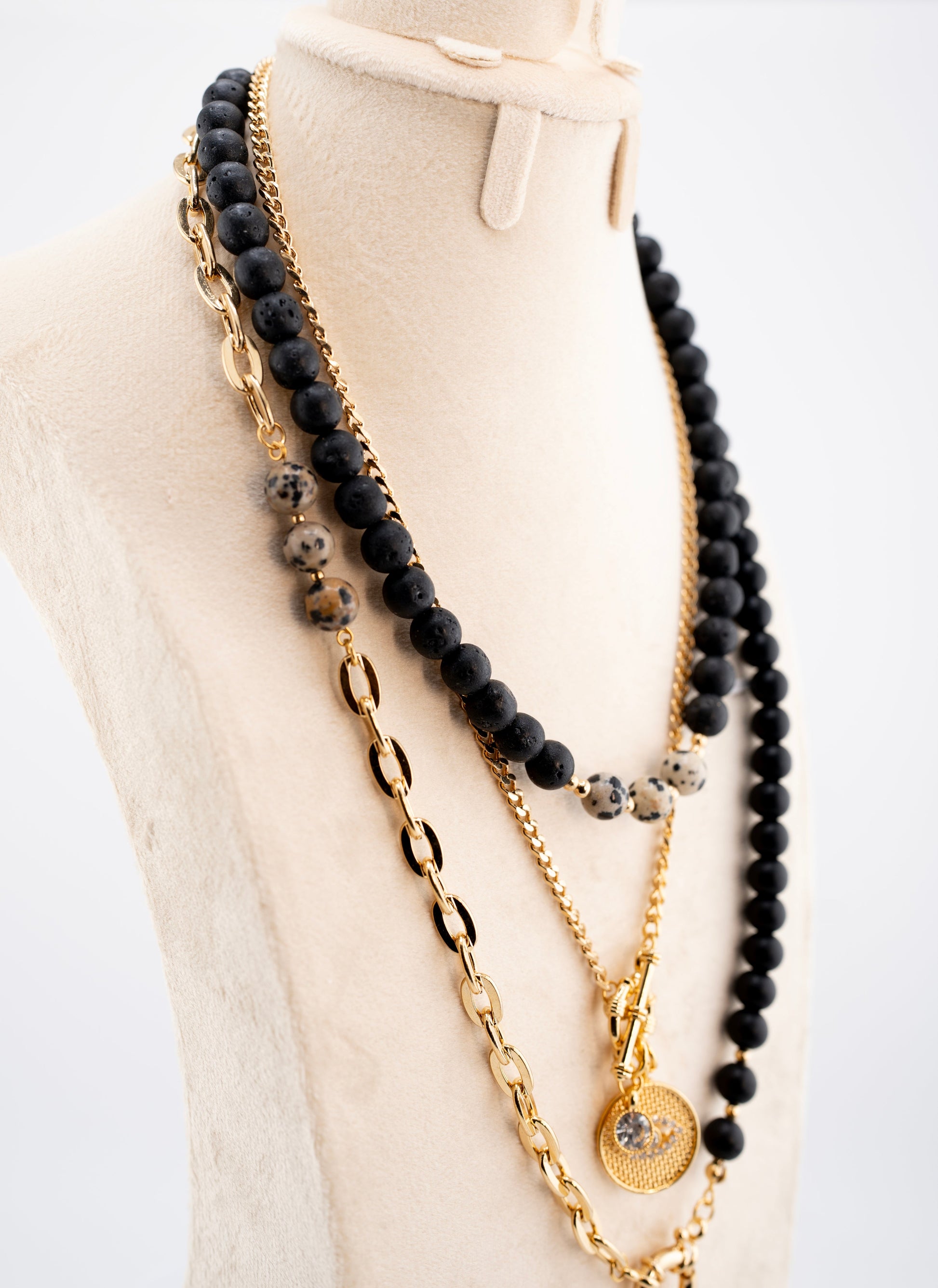 Men's Black Stone Beaded Necklace with Gold Star Pendant – Multi-Layer Chain Necklace – Handmade Statement Jewelry – Celestial & Mystical Design