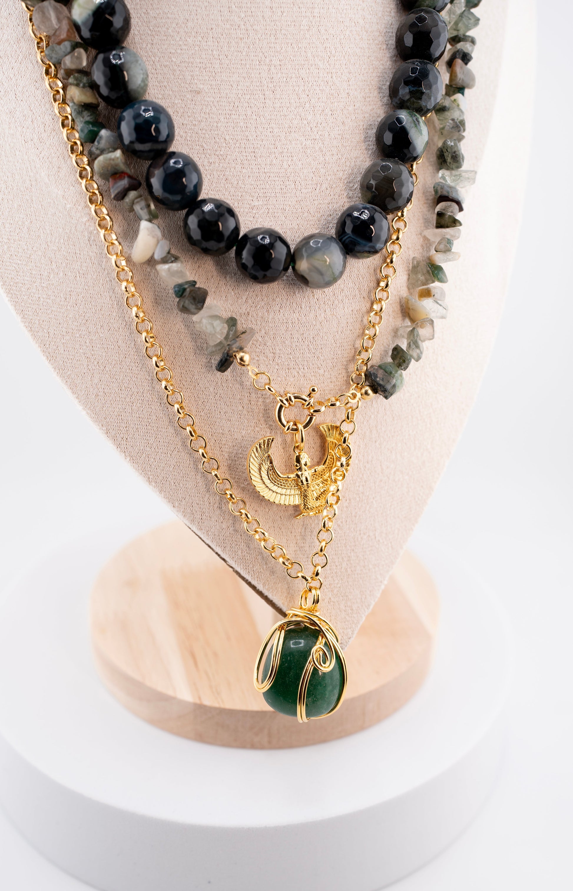 Men’s Multi-Layer Beaded Necklace with Green Gemstone Pendant – Handmade African Jewelry with Gold Chain & Phoenix Symbol – Tribal Spiritual Necklace