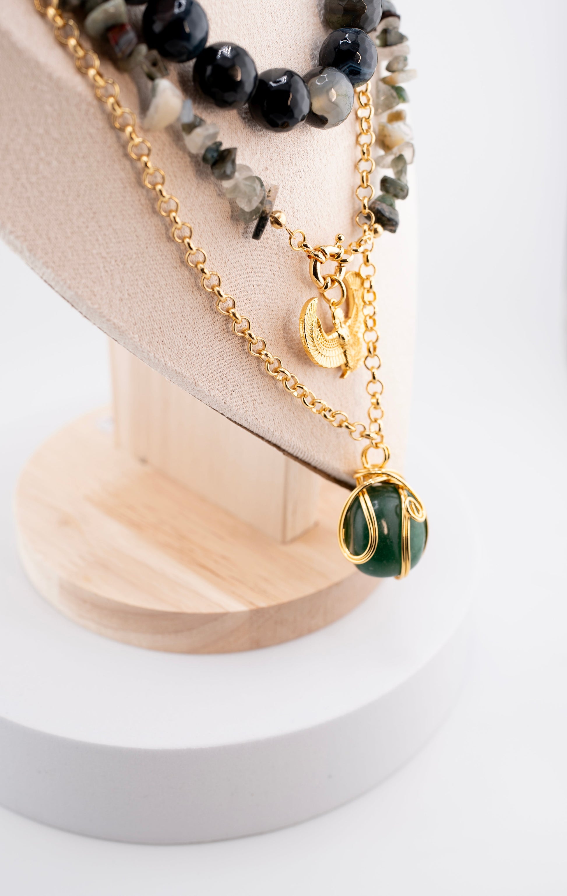 Men’s Multi-Layer Beaded Necklace with Green Gemstone Pendant – Handmade African Jewelry with Gold Chain & Phoenix Symbol – Tribal Spiritual Necklace