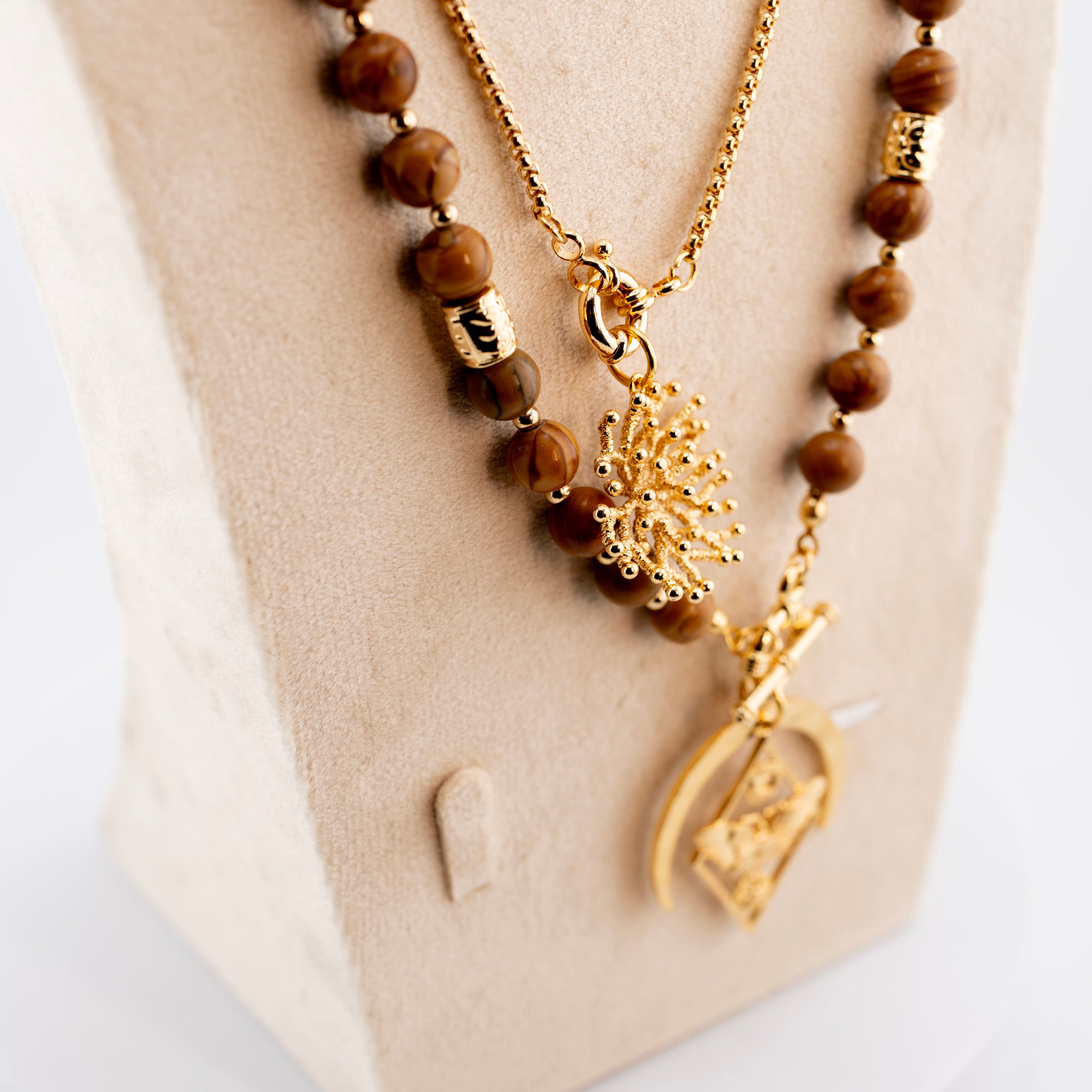 Handmade Natural Wood Bead Necklace for Men – Gold Plated African Pendant – Tribal Boho Jewelry – Ethnic Style Spiritual Necklace
