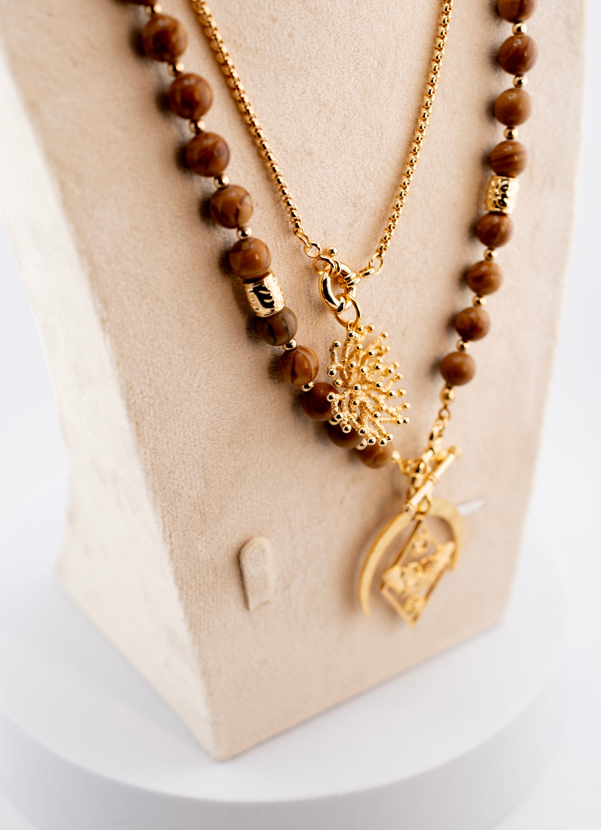 Handmade Natural Wood Bead Necklace for Men – Gold Plated African Pendant – Tribal Boho Jewelry – Ethnic Style Spiritual Necklace
