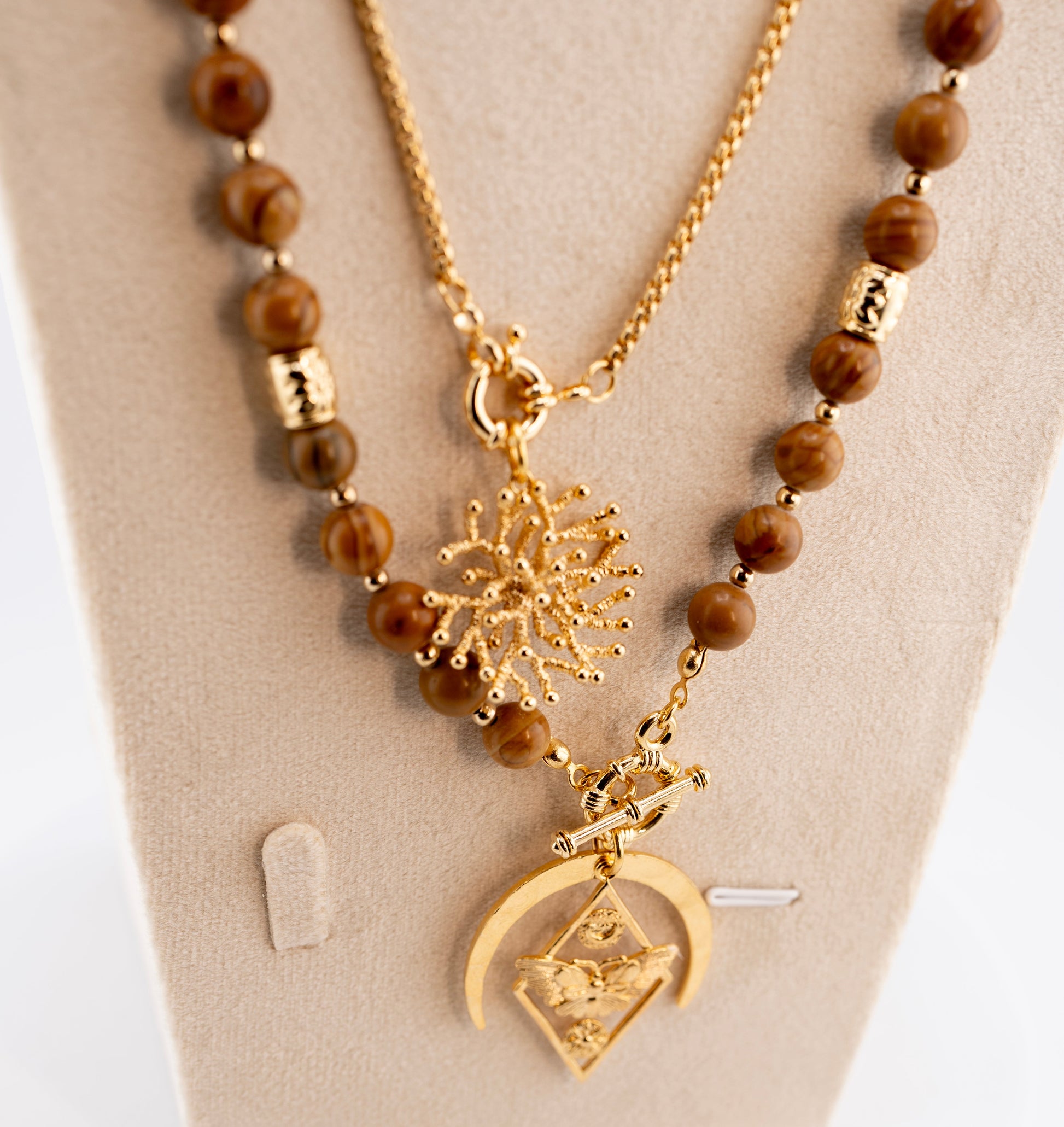 Handmade Natural Wood Bead Necklace for Men – Gold Plated African Pendant – Tribal Boho Jewelry – Ethnic Style Spiritual Necklace