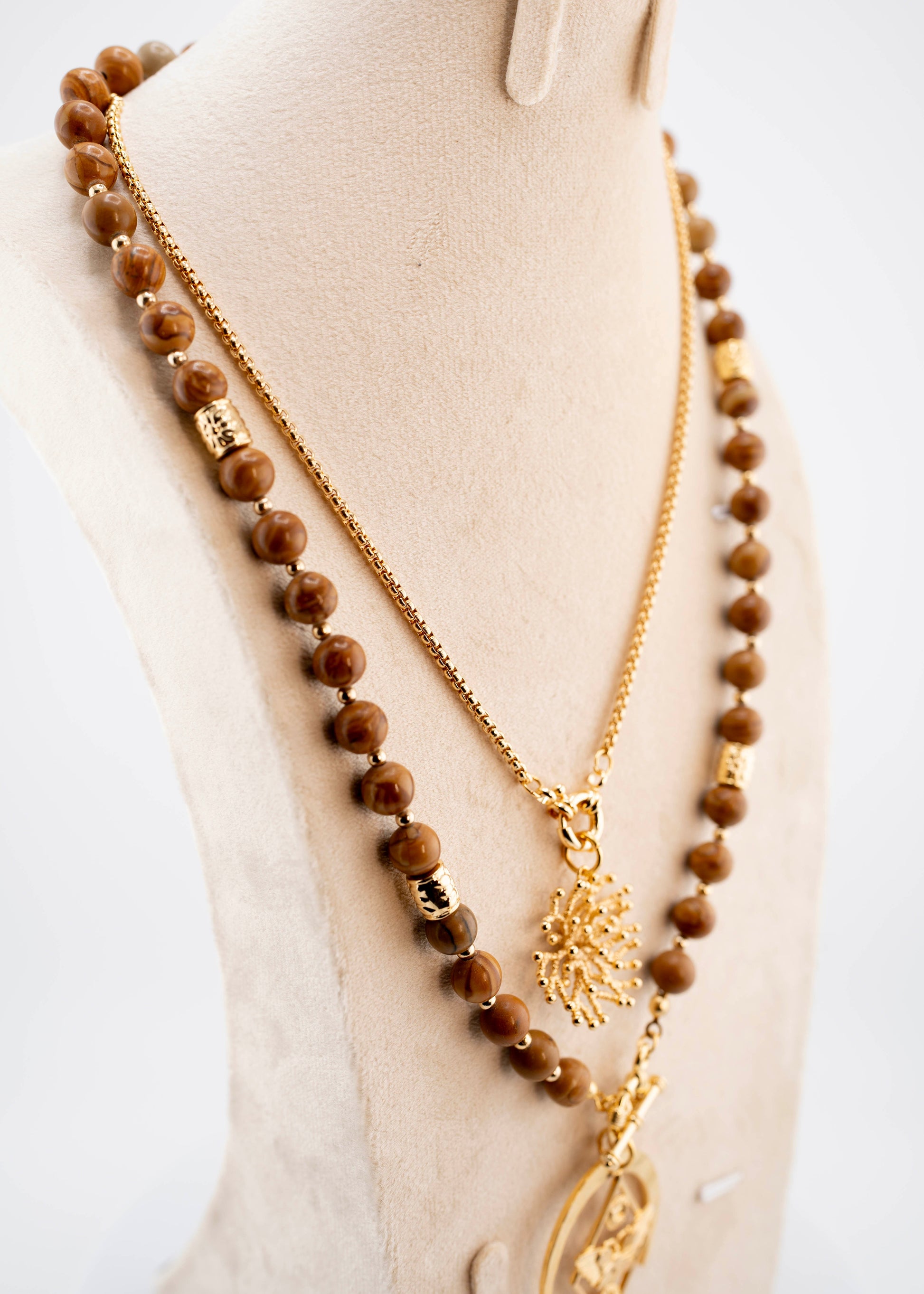 Handmade Natural Wood Bead Necklace for Men – Gold Plated African Pendant – Tribal Boho Jewelry – Ethnic Style Spiritual Necklace