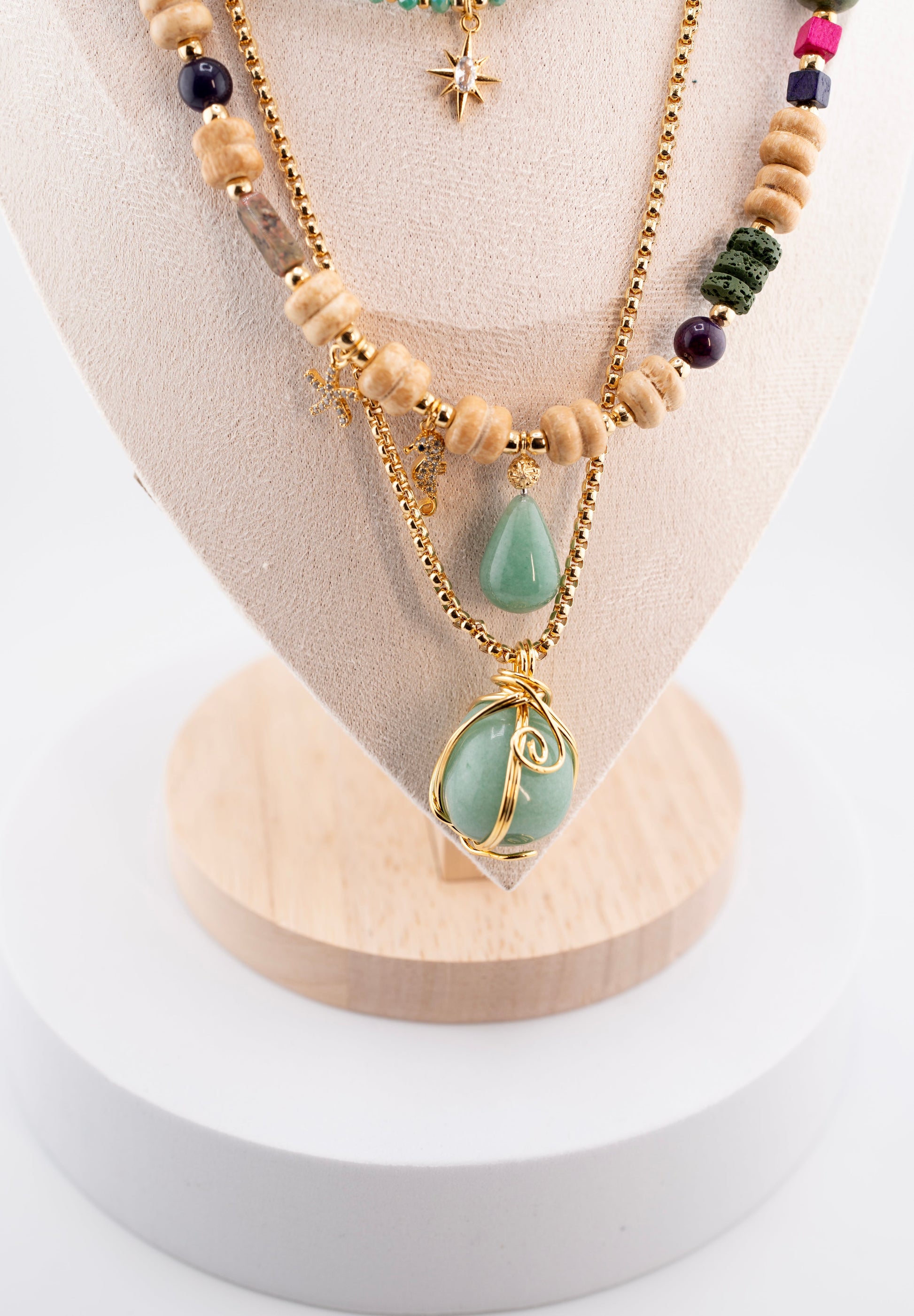 Beaded Necklace with Green Gemstone Pendant – Handmade African-Inspired Jewelry with Stainless Steel Charm – Unisex Spiritual Gift