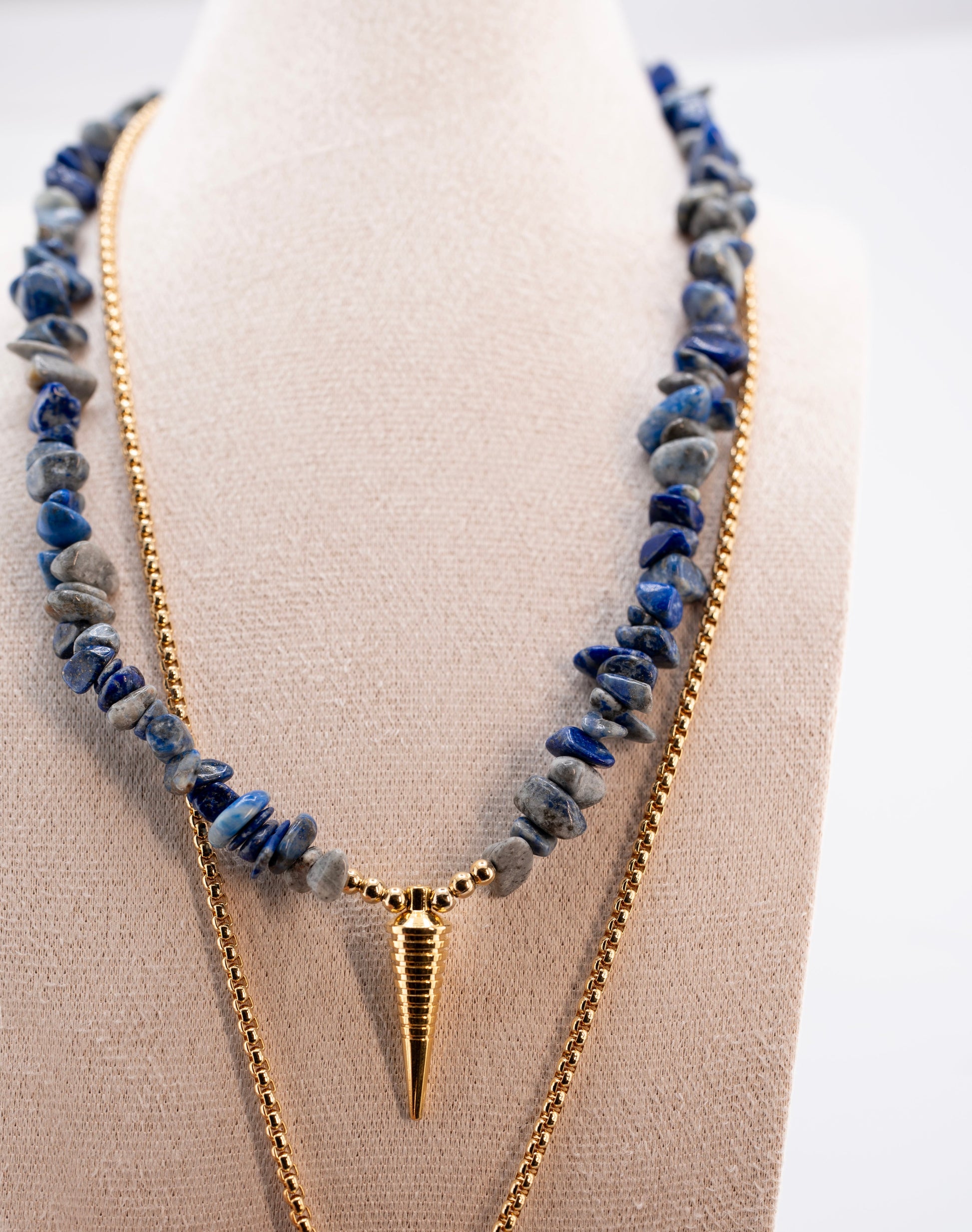 Layered Blue Gemstone Boho Necklace for Women – Handmade Natural Crystal Chip Necklace with Gold Spike & Coin Charms – Multi-Strand Fashion Jewelry, Unique Statement Gift for Her