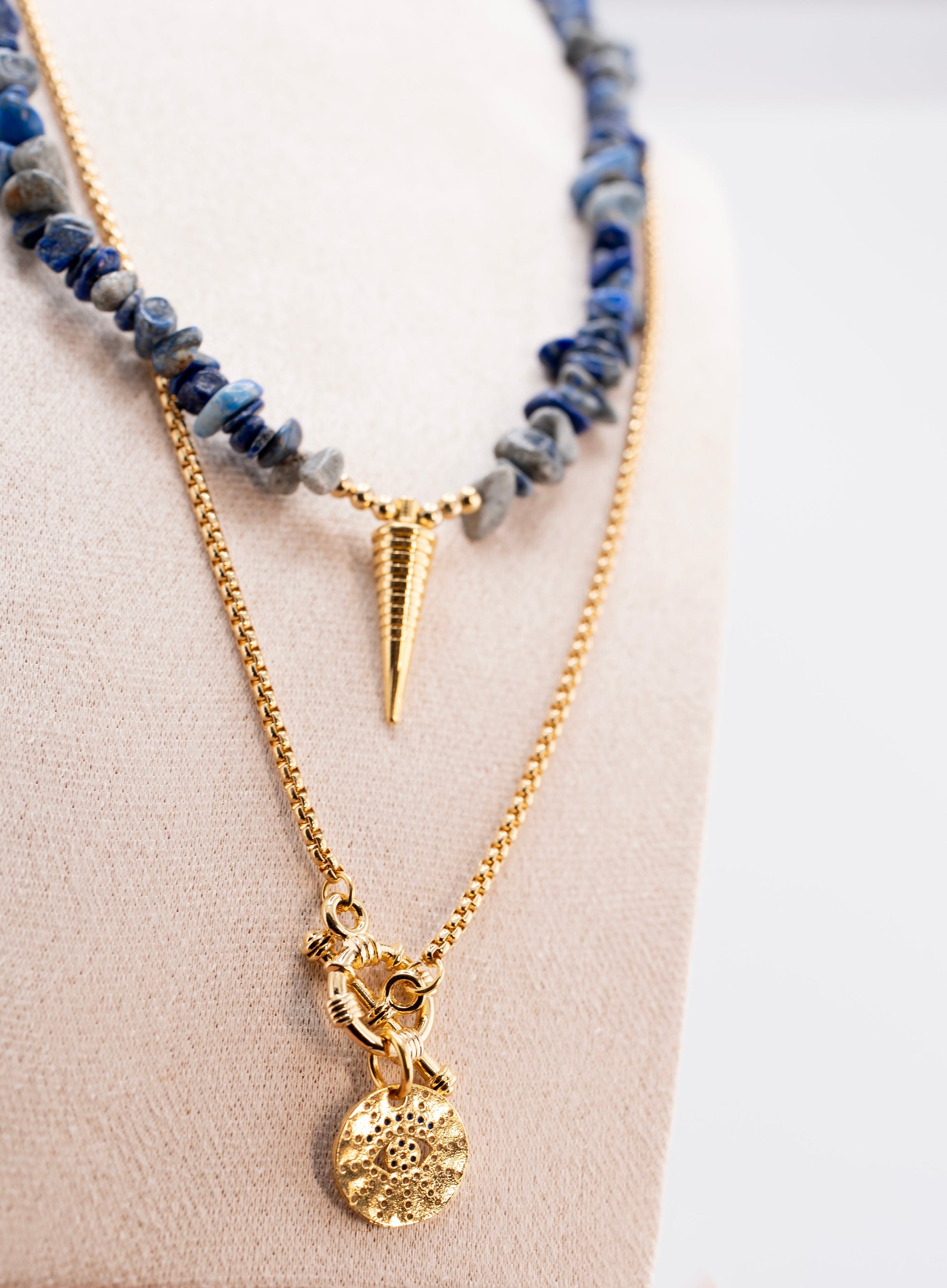 Layered Blue Gemstone Boho Necklace for Women – Handmade Natural Crystal Chip Necklace with Gold Spike & Coin Charms – Multi-Strand Fashion Jewelry, Unique Statement Gift for Her