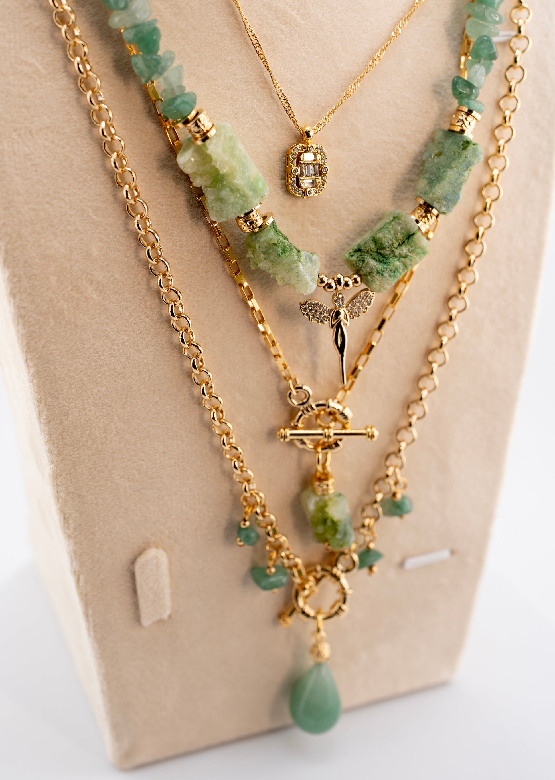 Layered Green Gemstone Boho Necklace for Women – Handmade Multi-Strand Natural Crystal Pendant Jewelry with Gold Chain – Trendy Fashion Statement Necklace, Unique Gift for Her
