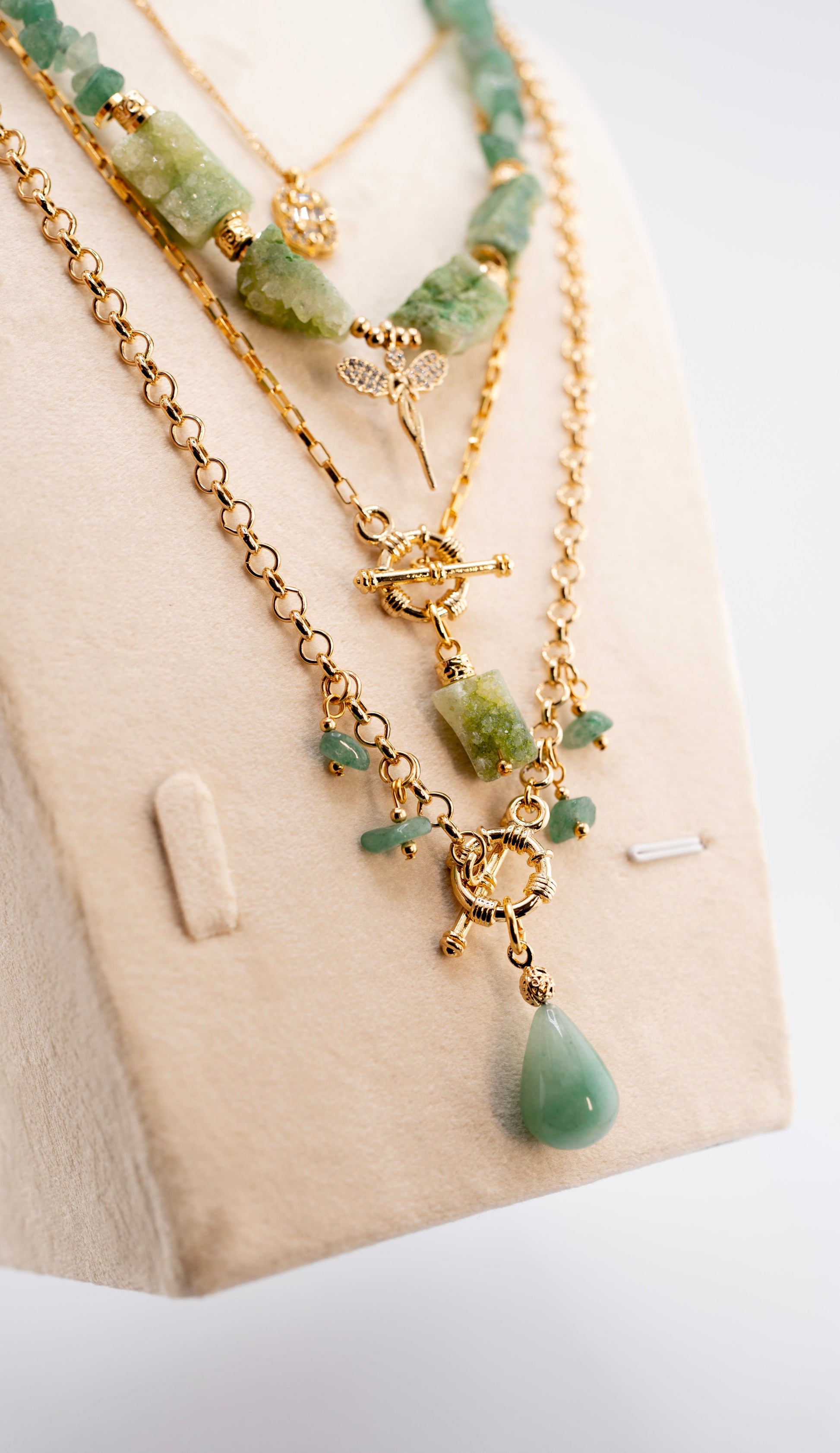 Layered Green Gemstone Boho Necklace for Women – Handmade Multi-Strand Natural Crystal Pendant Jewelry with Gold Chain – Trendy Fashion Statement Necklace, Unique Gift for Her
