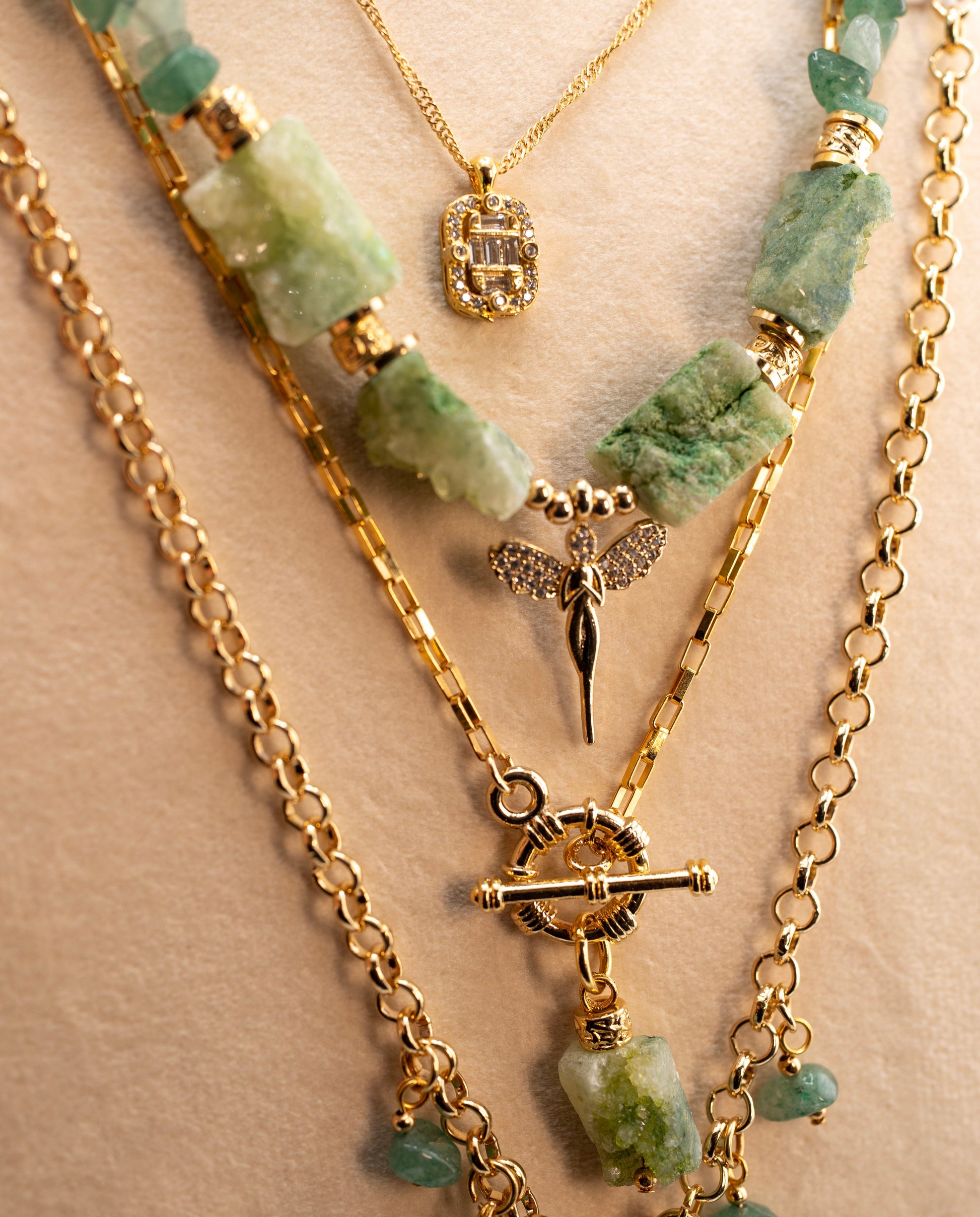 Layered Green Gemstone Boho Necklace for Women – Handmade Multi-Strand Natural Crystal Pendant Jewelry with Gold Chain – Trendy Fashion Statement Necklace, Unique Gift for Her