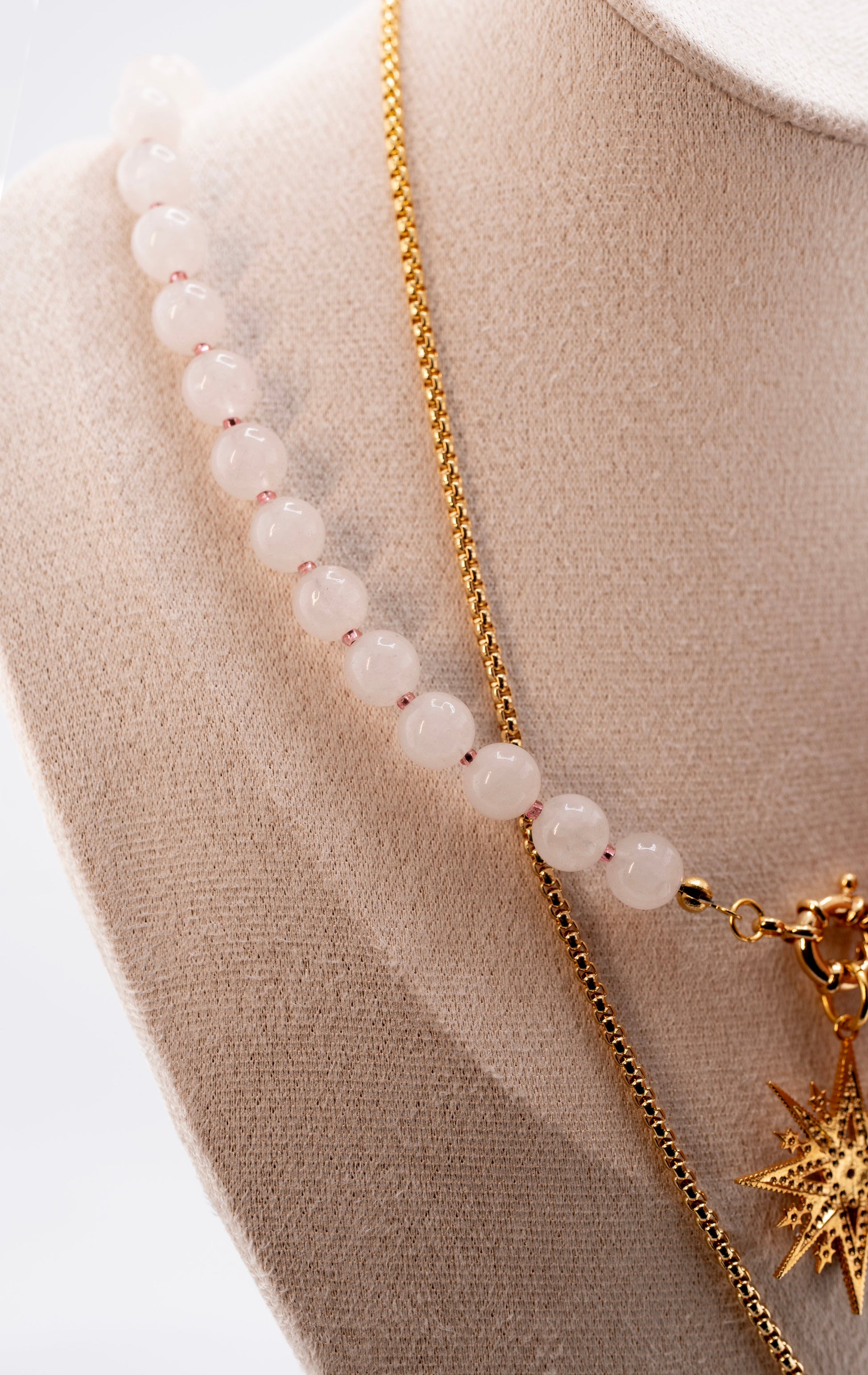 Unisex Beaded Necklace with Pearl-Colored Gemstone & Silver Steel Pendant – Handmade Spiritual Gift Jewelry for Men & Women