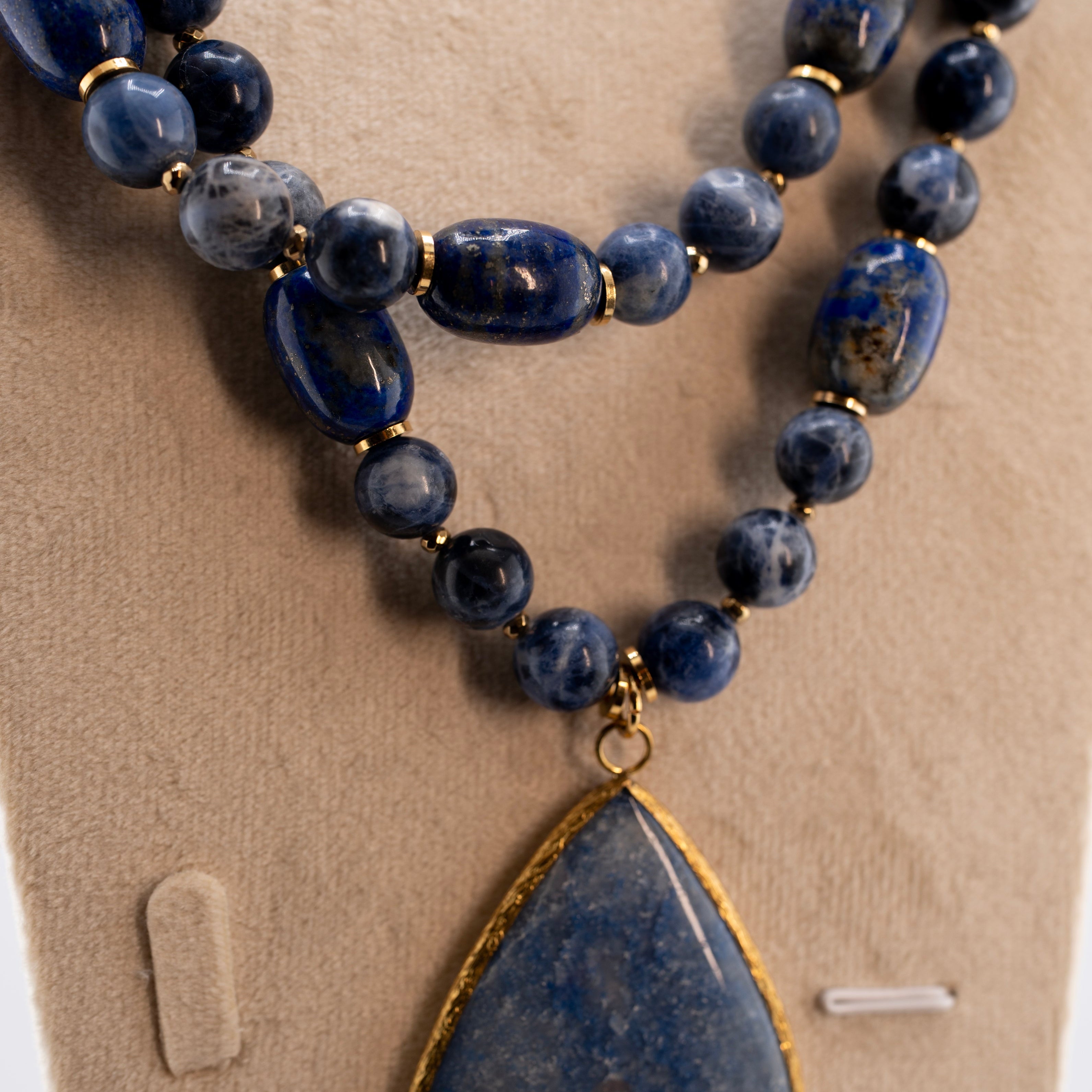 Lapis Lazuli Double Strand Necklace with Teardrop Pendant – Natural Blue Gemstone Statement Jewelry for Women – Handmade Boho Healing Crystal Necklace