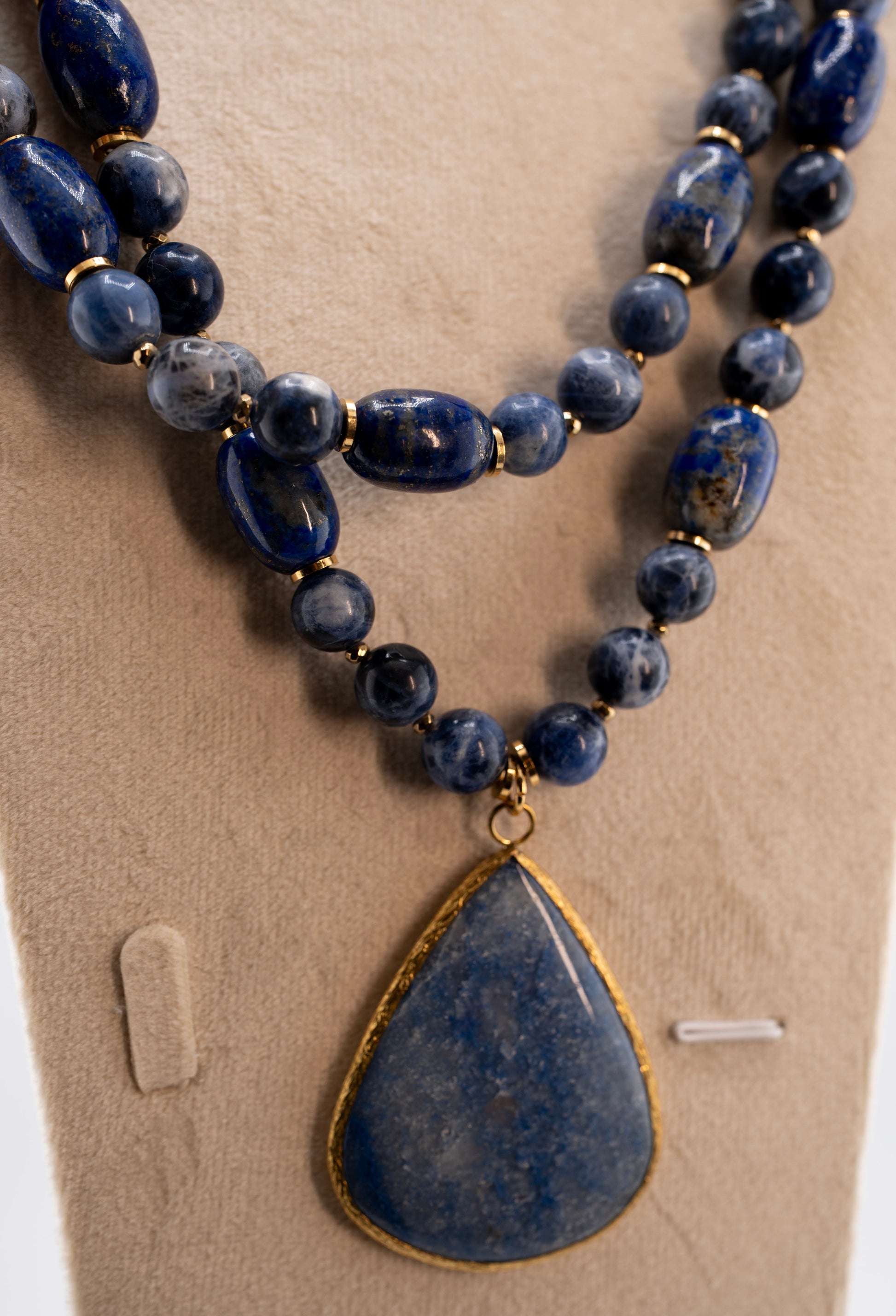 Lapis Lazuli Double Strand Necklace with Teardrop Pendant – Natural Blue Gemstone Statement Jewelry for Women – Handmade Boho Healing Crystal Necklace