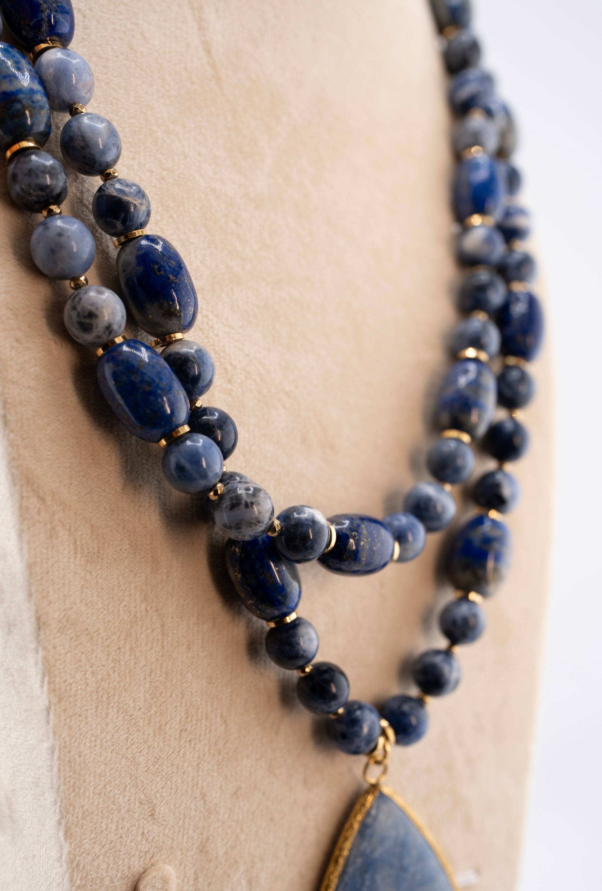 Lapis Lazuli Double Strand Necklace with Teardrop Pendant – Natural Blue Gemstone Statement Jewelry for Women – Handmade Boho Healing Crystal Necklace