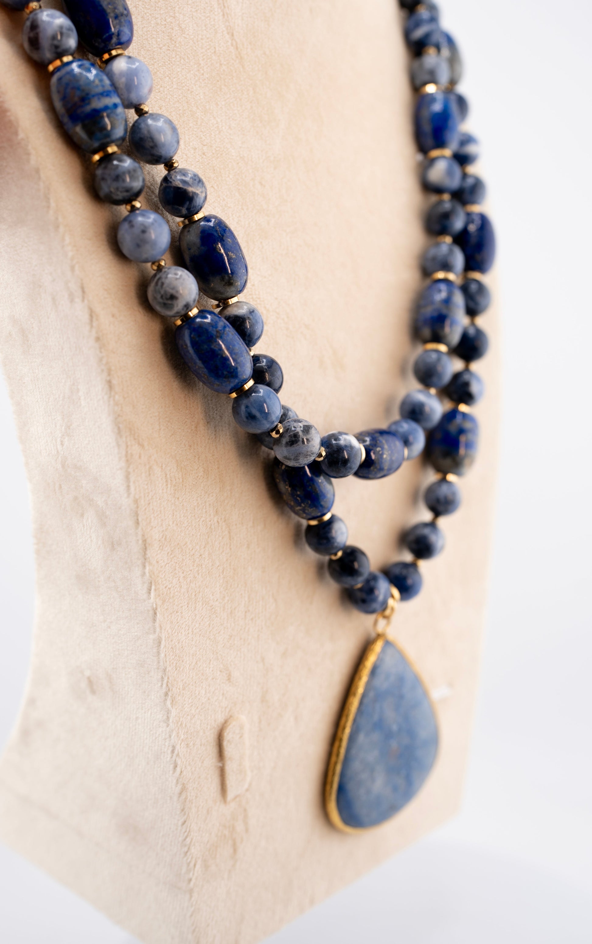 Lapis Lazuli Double Strand Necklace with Teardrop Pendant – Natural Blue Gemstone Statement Jewelry for Women – Handmade Boho Healing Crystal Necklace