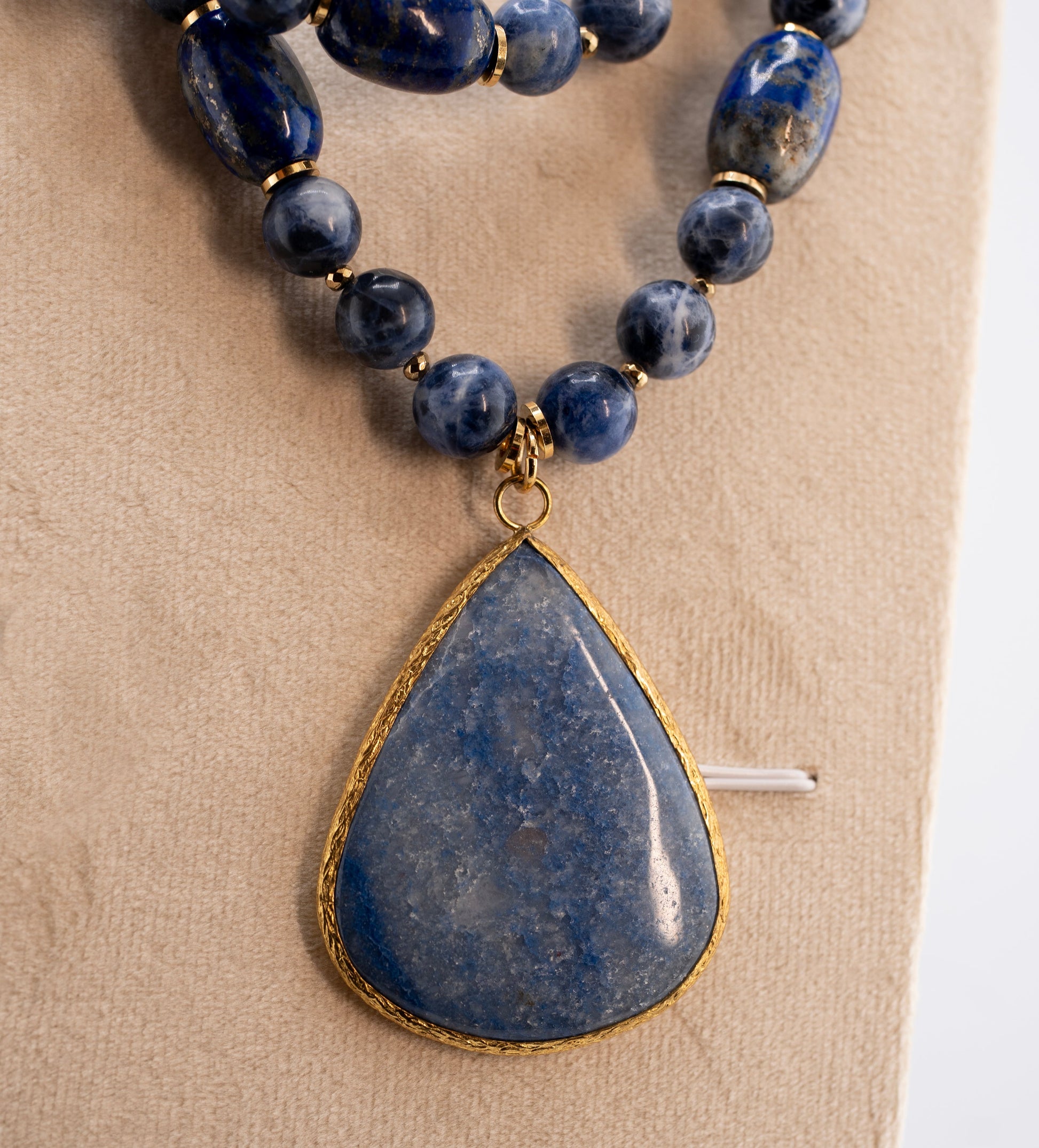 Lapis Lazuli Double Strand Necklace with Teardrop Pendant – Natural Blue Gemstone Statement Jewelry for Women – Handmade Boho Healing Crystal Necklace
