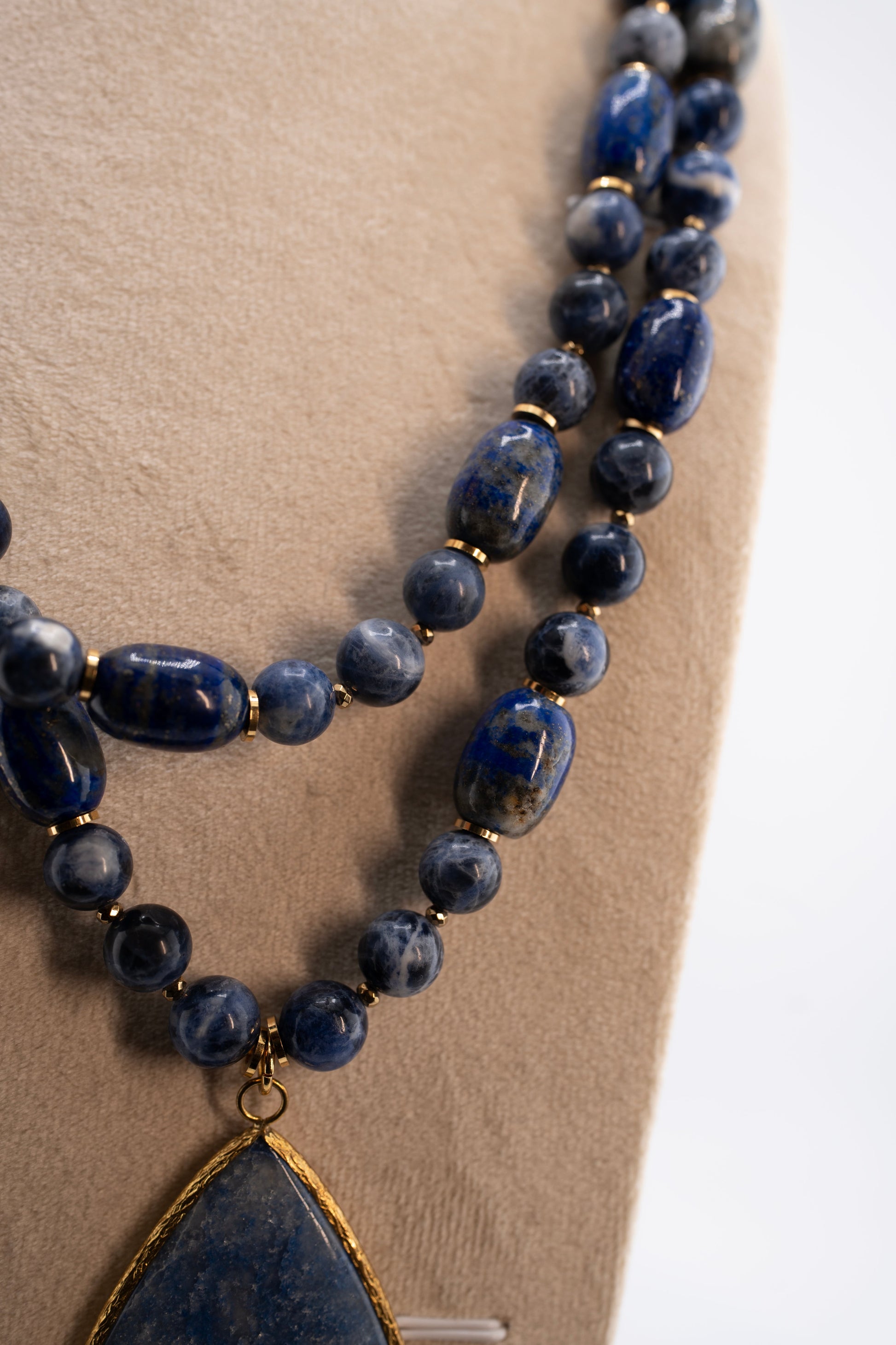 Lapis Lazuli Double Strand Necklace with Teardrop Pendant – Natural Blue Gemstone Statement Jewelry for Women – Handmade Boho Healing Crystal Necklace
