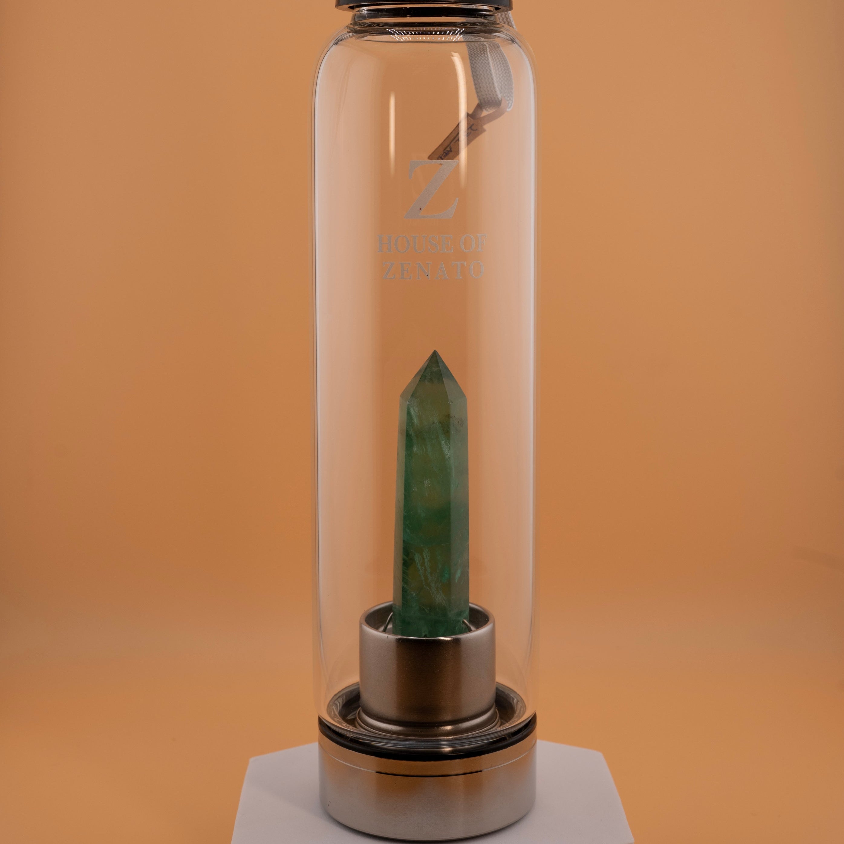 Green Fluorite Crystal Water Bottle – 18oz Borosilicate Glass Gemstone Elixir Bottle with Stainless Steel Lid – Healing Infuser Water Bottle for Clarity & Energy