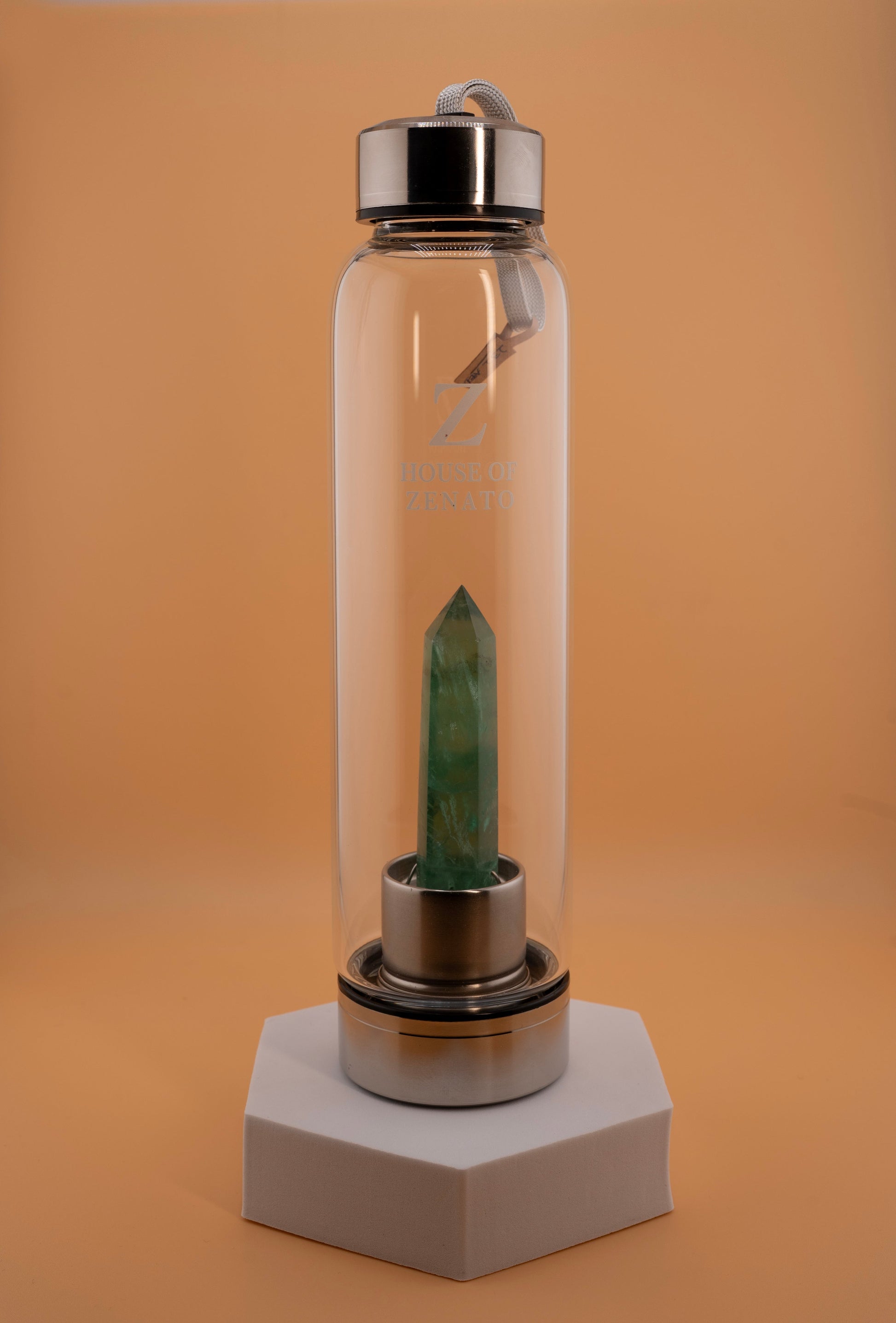 Green Fluorite Crystal Water Bottle – 18oz Borosilicate Glass Gemstone Elixir Bottle with Stainless Steel Lid – Healing Infuser Water Bottle for Clarity & Energy